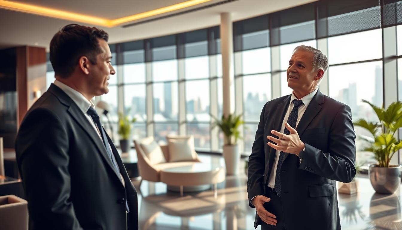 A personalized banking consultant standing in a modern, well-lit bank lobby. The consultant is dressed in a professional suit, projecting an air of competence and trustworthiness. The background features sleek furniture, potted plants, and a large window overlooking the city skyline, creating a refined and sophisticated atmosphere. The consultant is engaged in a conversation with a client, gesturing animatedly and maintaining direct eye contact, conveying a sense of personalized attention and care. Soft, directional lighting highlights the consultant's face and the client's attentive expression, creating a warm and inviting ambiance that reflects the high-quality concierge services offered.