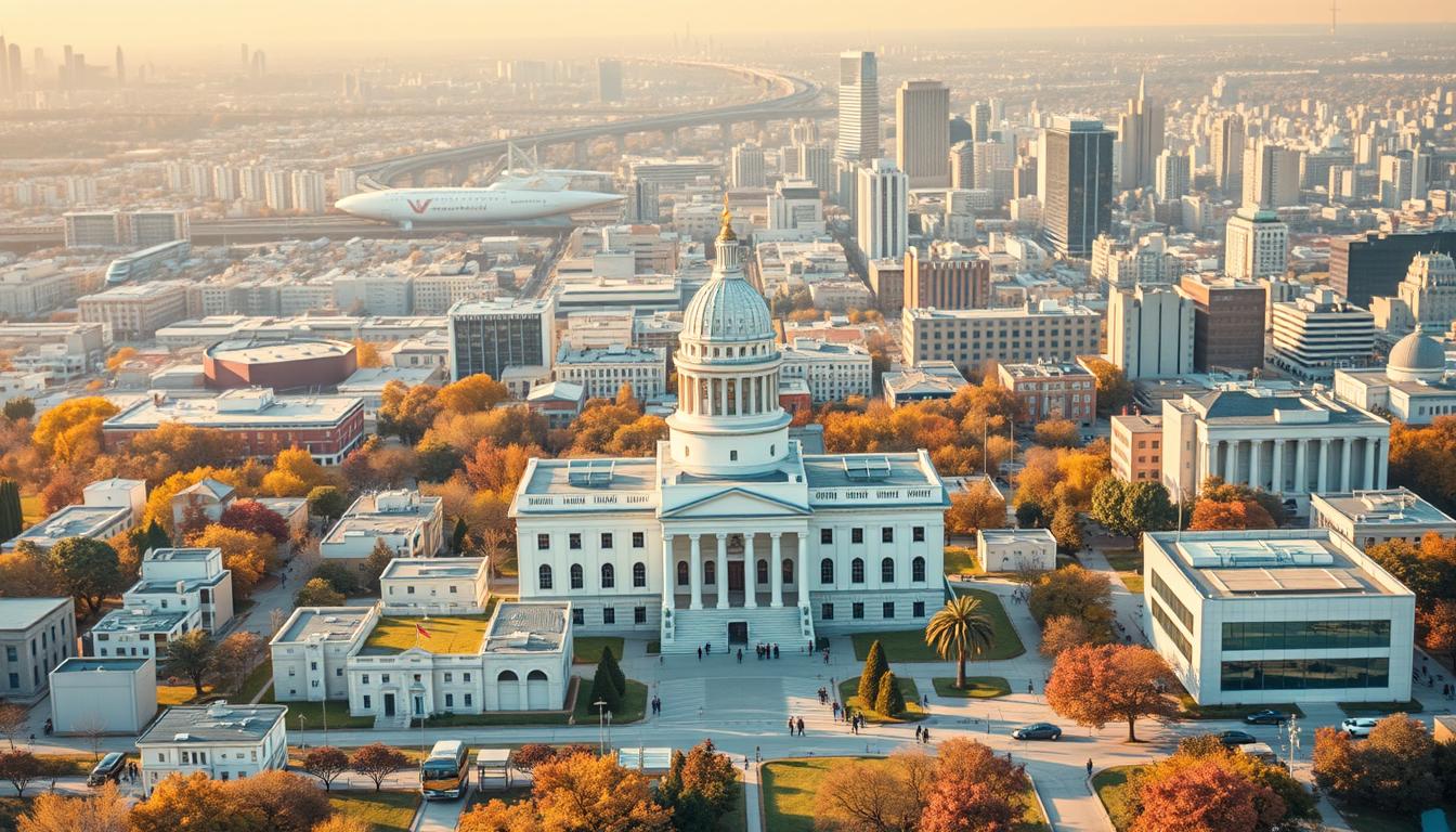 An expansive governmental services landscape with a focus on retirement support and assistance. In the foreground, a variety of icons and symbols representing different social welfare programs, pensions, healthcare, and financial aid. The middle ground features government buildings and offices in a modern architectural style, with people moving about and accessing these services. The background depicts a bustling urban cityscape, suggesting the availability and accessibility of these resources across the region. Warm, soft lighting creates a sense of comfort and security, reflecting the supportive nature of the governmental support systems. The overall composition conveys a comprehensive, well-organized system of public services catered towards the needs of retirees and the aging population.