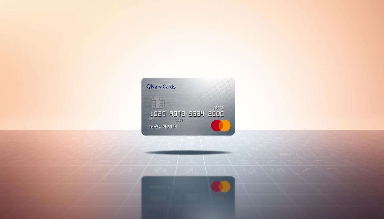 A modern, minimalist illustration showcasing the premium services of the QNB Premium Mastercard. In the foreground, a sleek, metallic credit card hovers against a clean, gradient background, casting a subtle reflection. The middle ground features a grid-like pattern of subtle icons, symbolizing the diverse travel benefits and concierge services offered by the card. The background is a soft, hazy blur, creating a sense of sophistication and elegance. The lighting is warm and directional, highlighting the card's premium features. The overall composition conveys a sense of luxury, convenience, and the high-quality experience associated with the QNB Premium Mastercard.