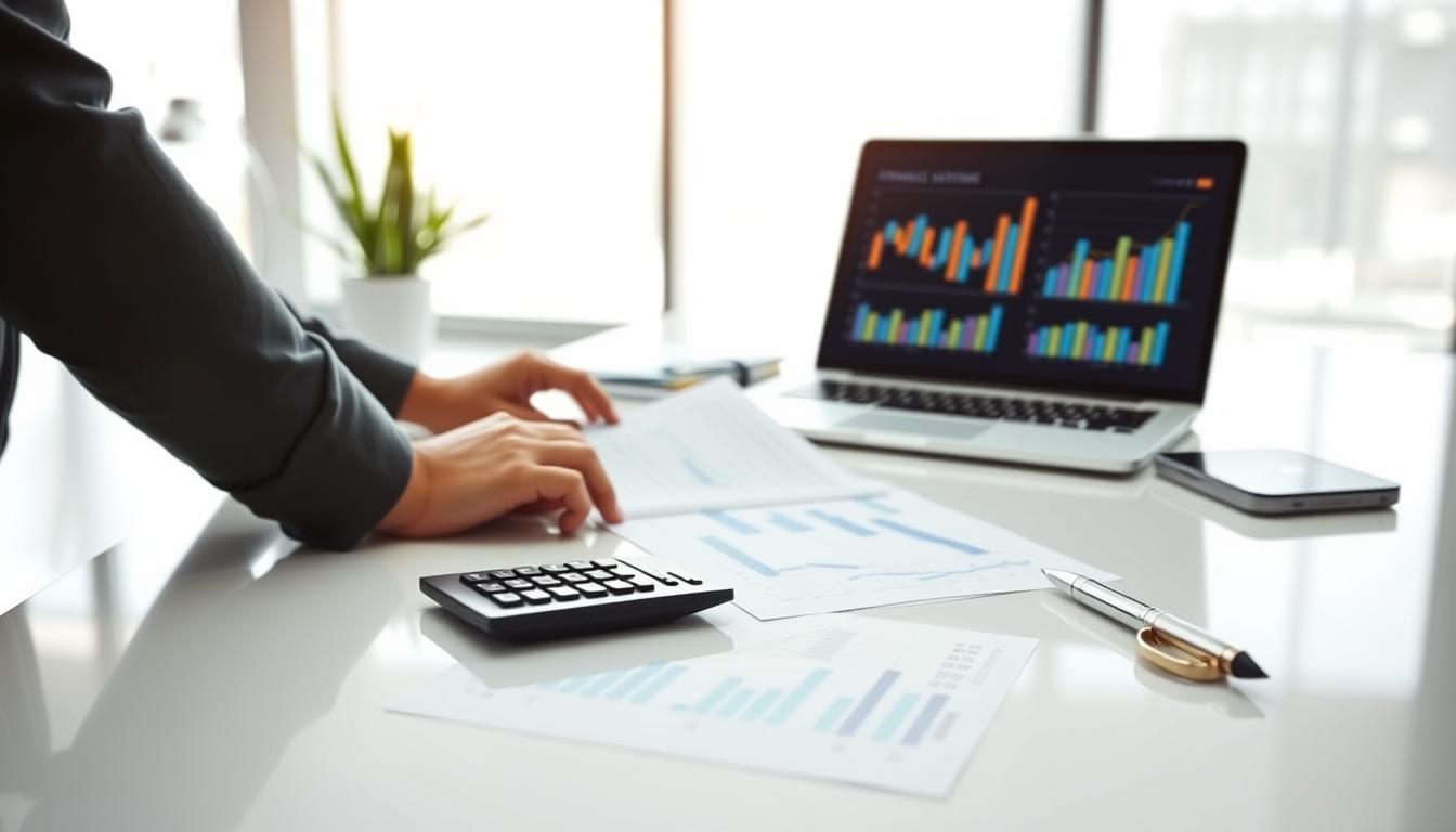 A financial planning scene with a clean, minimalist aesthetic. In the foreground, a person reviewing financial documents on a sleek, modern desk. The middle ground features carefully arranged financial tools, such as a calculator, pen, and a laptop displaying charts and graphs. The background showcases a serene, modern office setting with large windows letting in natural light. The overall mood is one of focus, organization, and financial control, conveying the idea of efficient money management.