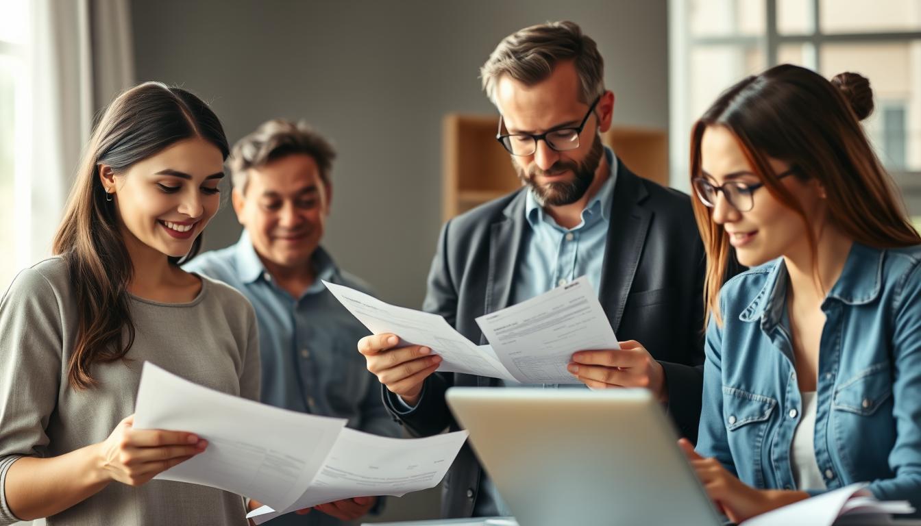 A well-lit, high-resolution photograph of a diverse group of people who would benefit most from a Barclaycard balance transfer. In the foreground, a young couple discussing financial documents, their faces expressing relief and optimism. In the middle ground, a middle-aged individual reviewing their credit card statements, a pensive look on their face. In the background, a small business owner calculating numbers on a laptop, surrounded by invoices and receipts. The scene conveys a sense of financial empowerment and wise decision-making, with a focus on the target audience for the Barclaycard balance transfer product.