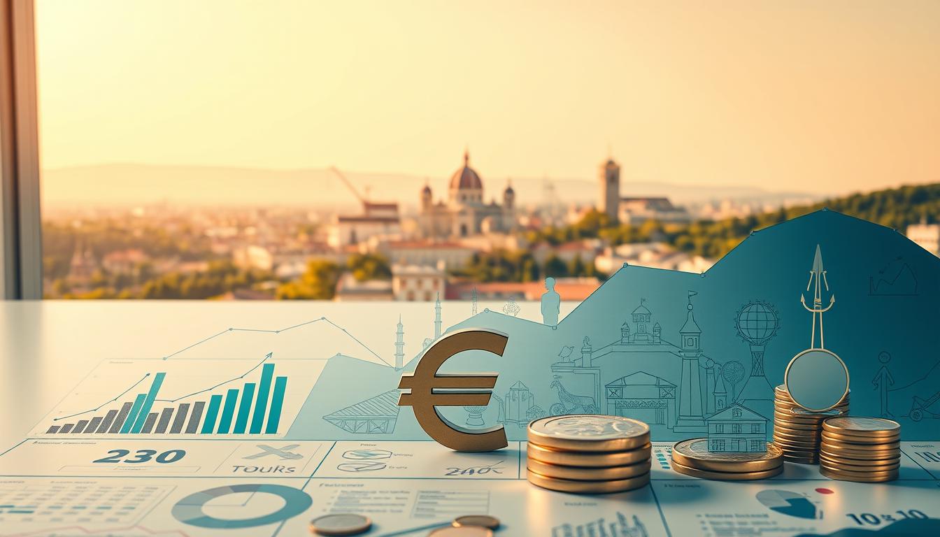 A detailed, meticulously composed image of the advantages of the Euro for the Bulgarian economy. Set in a clean, modern environment, the foreground depicts various economic indicators and metrics, such as charts, graphs, and numerical data, all rendered in a sleek, infographic-style presentation. The midground showcases key economic sectors like manufacturing, tourism, and trade, represented by symbolic icons and illustrations. The background features a panoramic view of the Bulgarian landscape, including landmarks and cityscapes, conveying a sense of national prosperity and integration within the Eurozone. The overall scene is bathed in warm, natural lighting, creating a tone of optimism and progress. The composition is balanced, the colors are vibrant, and the details are sharp, inviting the viewer to explore the tangible benefits of Bulgaria's adoption of the Euro.