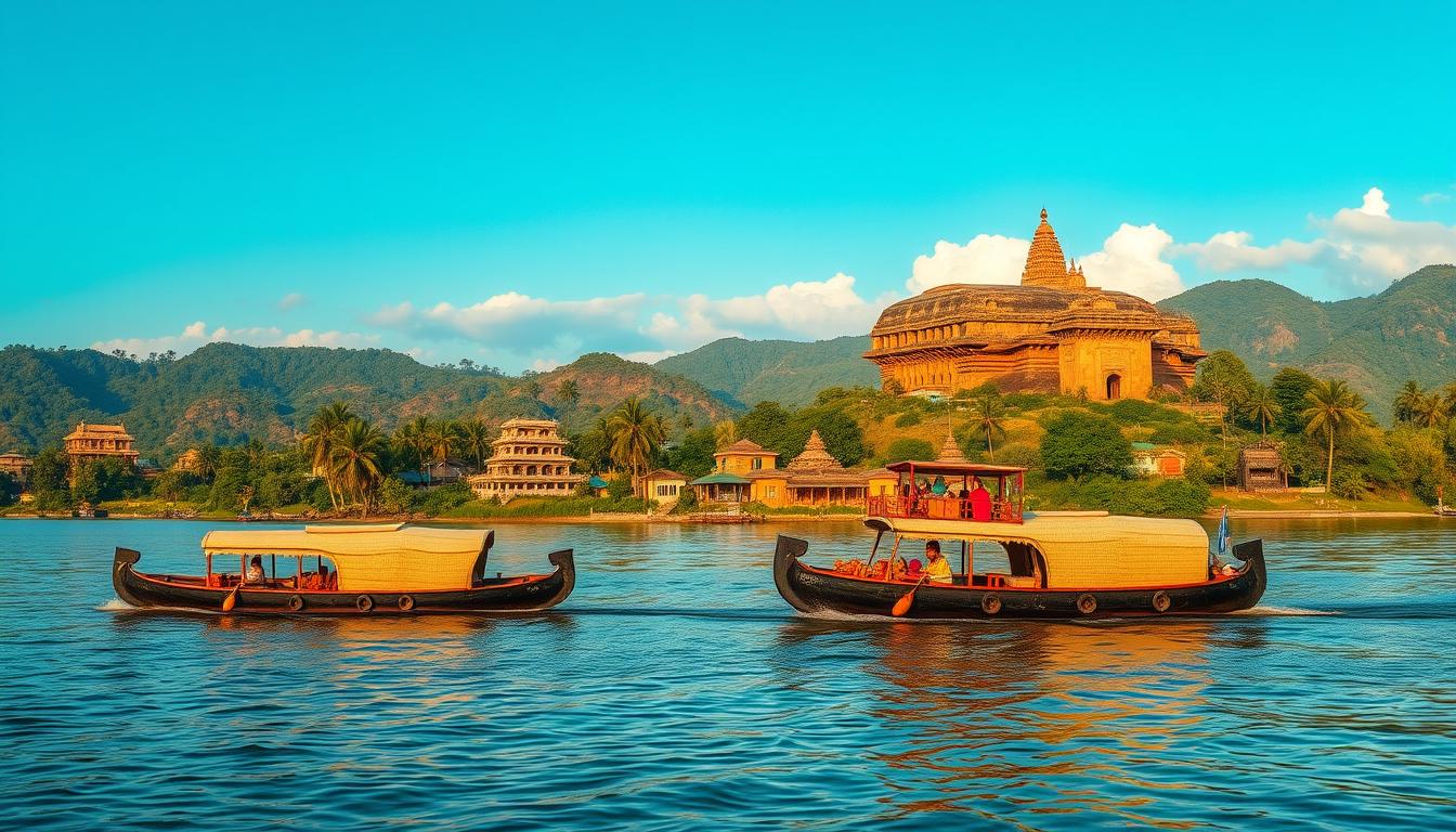 A stunning panoramic vista of the top tourist destinations in South India, captured with a wide-angle lens and breathtaking lighting. In the foreground, the serene backwaters of Kerala with traditional houseboats gently gliding across the tranquil waters. In the middle ground, the majestic rock-cut temples of Mahabalipuram, their intricate carvings gleaming in the warm, golden sunlight. In the distant background, the lush, rolling hills of the Western Ghats, their peaks shrouded in wispy clouds. The entire scene radiates a sense of timeless beauty and cultural richness, inviting the viewer to explore the wonders of this captivating region.