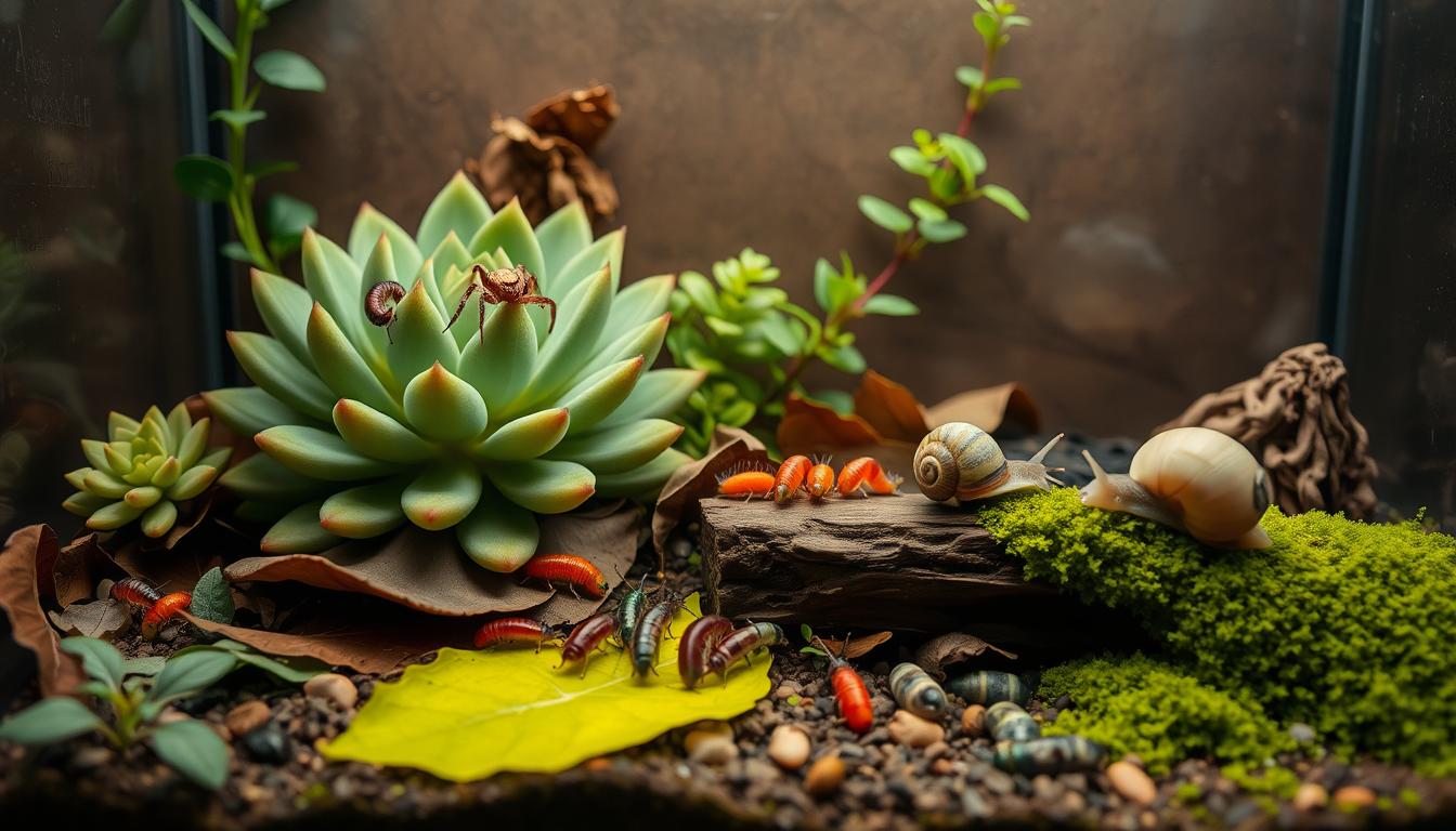A cozy terrarium filled with diverse low-maintenance invertebrate companions, including a curious jumping spider perched on a cluster of succulents, several vibrant isopods scurrying along the leaf-strewn ground, and a serene land snail gliding across a mossy log. Soft, diffused lighting from above illuminates the scene, creating a tranquil, natural atmosphere. The overall composition evokes a sense of harmony and wonder, inviting the viewer to explore the captivating world of these resilient and fascinating creatures.