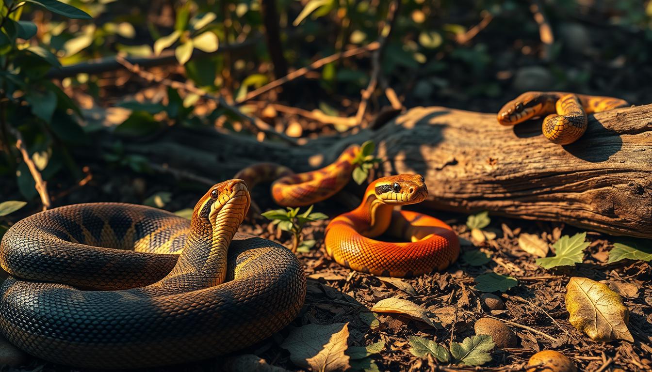 A highly detailed, photorealistic scene of several venomous snakes in their natural habitat. In the foreground, a coiled Eastern Diamondback Rattlesnake with its distinctive diamond patterns and rattle tail, ready to strike. In the middle ground, a Coral Snake with its striking red, yellow, and black bands slithering through the undergrowth. In the background, a Copperhead resting on a fallen log, camouflaged among the leaves and branches. Warm, diffused natural lighting illuminates the scene, casting subtle shadows and highlights the intricate textures of the snakes' scales. The overall mood is one of cautious observation, conveying the power and danger of these venomous reptiles.