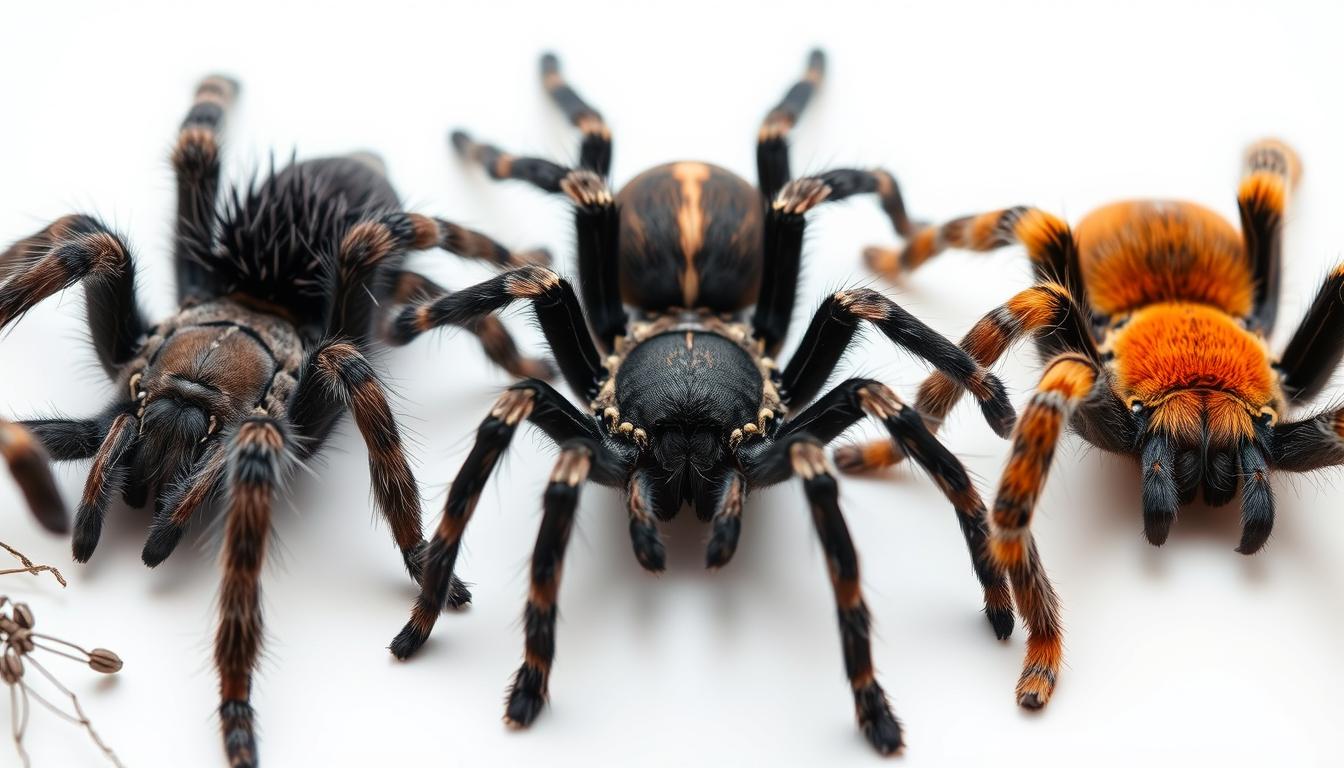 A close-up, detailed portrait of three different tarantula species, each showcased against a clean, minimalist white backdrop. The spiders are positioned in a dynamic, naturalistic pose, with their legs extended and fangs visible, highlighting their distinctive features and textures. The lighting is soft and diffused, gently accentuating the spiders' colors and patterns, from the velvety black body of the Curly Hair Tarantula to the vibrant orange carapace of the Mexican Red Knee. The focal point shifts seamlessly between the species, inviting the viewer to closely examine and appreciate the unique characteristics of these captivating arachnids, ideal for beginner tarantula enthusiasts.