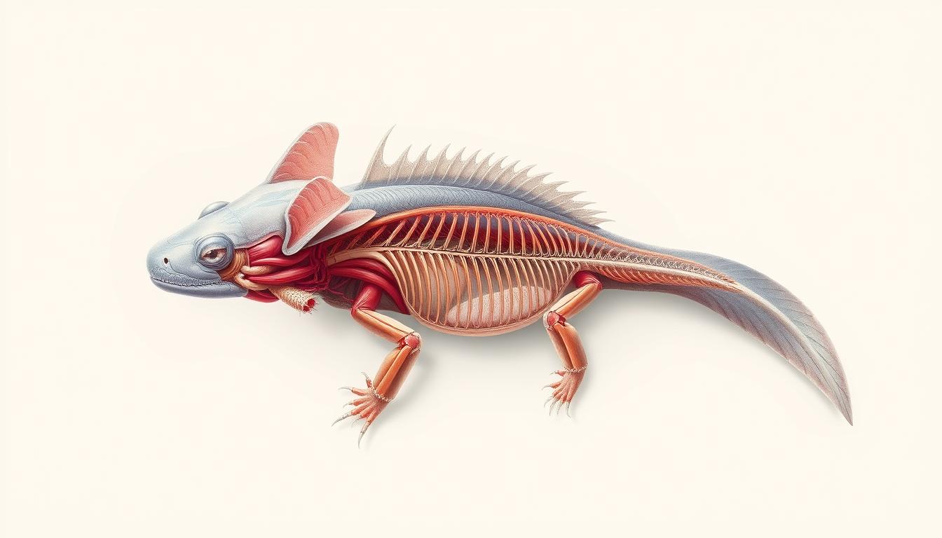 Detailed anatomical illustration of an axolotl, showcasing its unique biological features. Centered and rendered in highly realistic, scientific style against a clean, neutral background. Precisely captured from multiple angles to highlight the creature's complex internal structures, including its gill tufts, skeletal system, and circulatory network. Soft, even lighting illuminates the subject, emphasizing intricate textures and subtle coloration. Composition strikes a balance between technical precision and artistic elegance, suitable for educational and informational purposes.