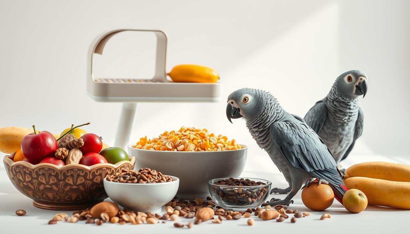Detailed still life depicting a balanced feeding routine for African Grey parrots. Foreground shows an assortment of fresh fruits, vegetables, nuts, and seeds in ornate ceramic bowls. Mid-ground features a sleek modern bird feeder and perch against a white backdrop. Lighting is soft and natural, simulating a bright, airy studio setting. The image conveys a sense of care, nutrition, and tranquility for the parrot's dietary needs. Subtle textures and warm tones create an appealing, approachable atmosphere.