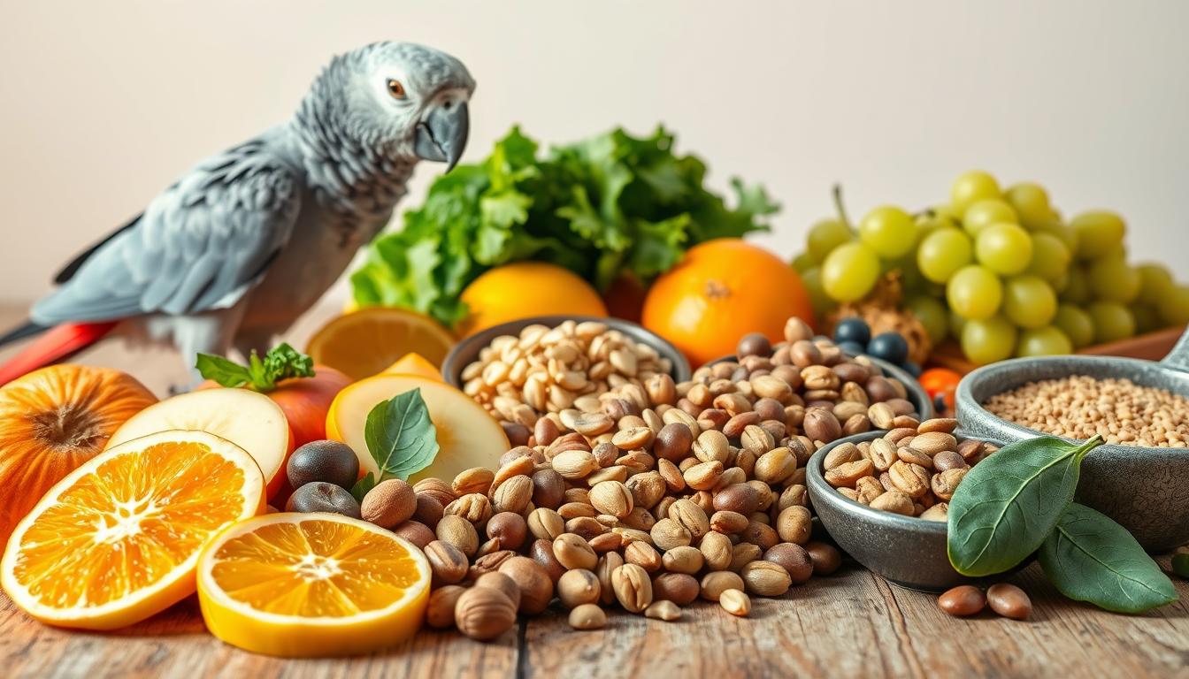 A vibrant still life showcasing a variety of healthy, colorful foods suitable for an African Grey parrot's diet. In the foreground, an arrangement of fresh fruits like sliced apples, oranges, and grapes, as well as leafy greens like kale and spinach. In the middle ground, whole nuts, seeds, and cooked legumes are displayed on a rustic wooden surface, bathed in natural, warm lighting. The background features a clean, minimalist setting, emphasizing the nutritious and appealing nature of these parrot-safe ingredients. The image conveys a sense of balanced nutrition and care for the parrot's wellbeing.