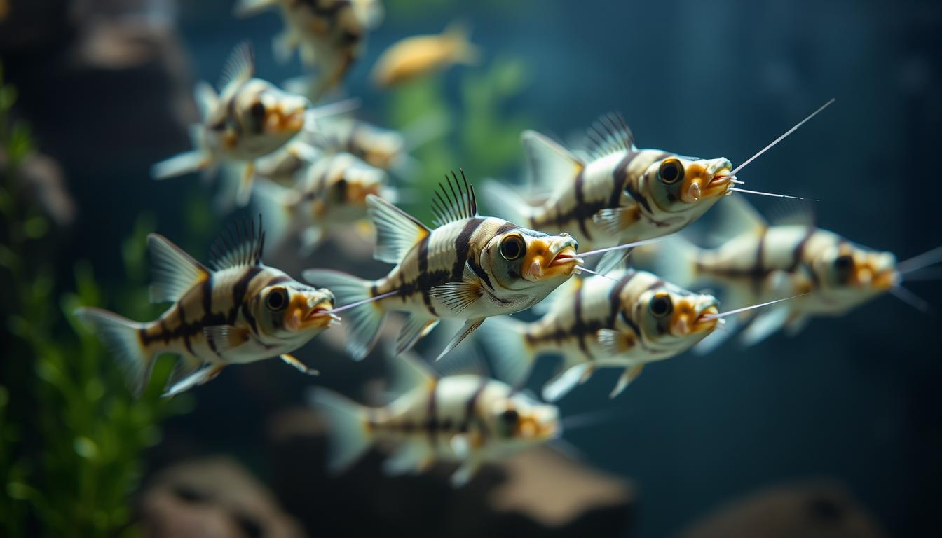 A detailed, high-quality close-up image of several archerfish species swimming in a dimly lit, aquarium environment. The archerfish should be the central focus, showcasing their distinctive elongated bodies, upward-facing mouths, and unique ability to shoot water jets to catch prey. The lighting should be soft and natural, creating a sense of depth and dimension. The background should be blurred, with hints of aquatic plants and rocks to establish the brackish tank setting. The overall mood should be serene and captivating, highlighting the beauty and behavioral adaptations of these fascinating freshwater fish.