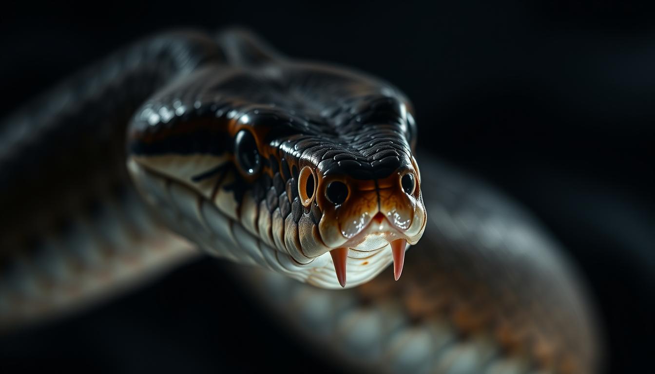 A highly detailed, photorealistic close-up of a venomous snake's head, shot with a macro lens in dramatic low-key lighting. The serpent's triangular head is sharply in focus, revealing its distinctive features - the heat-sensing pits, vertical slit-like pupils, and needle-sharp fangs protruding from its partially open mouth. The scales have a mesmerizing texture, ranging from matte to glistening. The background is blurred, creating a sense of depth and emphasizing the snake's intimidating presence. The overall mood is one of cautious fascination, capturing the viewer's attention and highlighting the importance of properly identifying venomous snakes.
