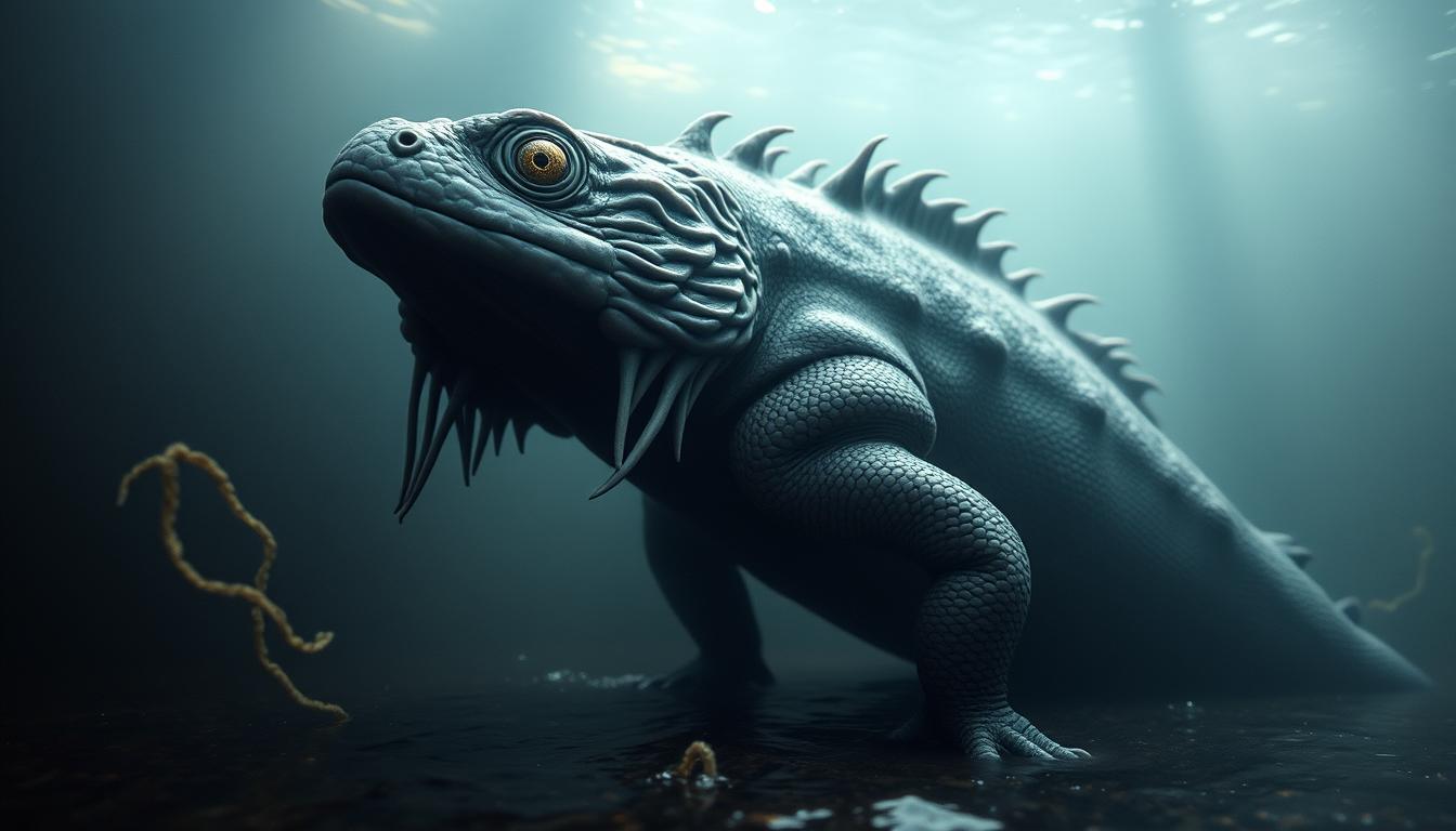 A towering, aquatic creature emerges from the murky depths, its reptilian features and flowing gills evoking a primordial essence. Its eyes gleam with an otherworldly intelligence as it surveys its watery domain, its massive, muscular body undulating gracefully through the current. Tendrils of iridescent algae drift in its wake, adding to the sense of ancient power. The scene is bathed in a soft, diffused light, creating an atmosphere of wonder and mystery. The axolotl, long considered a 'water monster' by folklore, is captured in all its enigmatic glory, a testament to the marvels of nature.