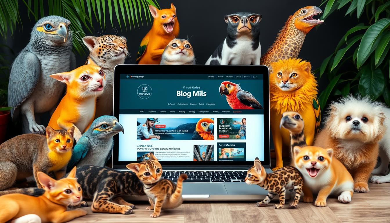 Create an image of a blog page on a laptop screen with various exotic pets around it.