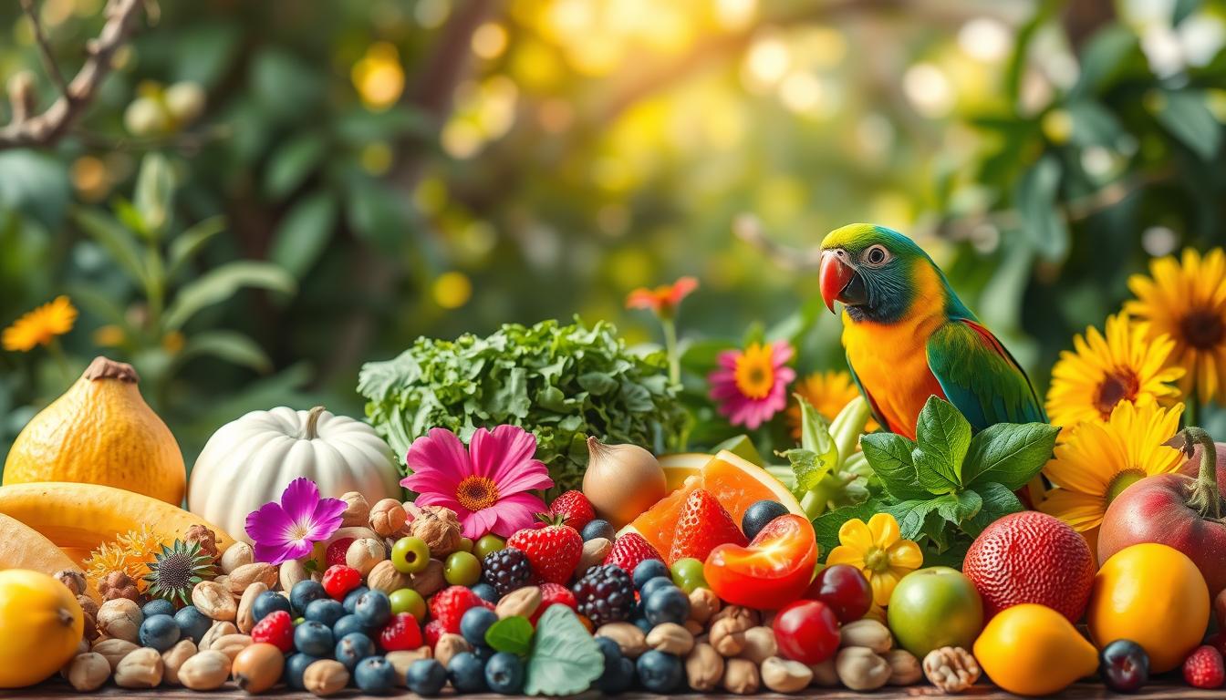 A vibrant and detailed composition depicting the ideal diet for exotic birds. In the foreground, a variety of colorful fruits, berries, and nuts are neatly arranged, showcasing the natural and nutritious ingredients that should make up the core of an exotic bird's diet. In the middle ground, a selection of fresh greens, leafy vegetables, and vibrant flowers add visual interest and variety. The background features a serene, natural setting, with lush foliage and a soft, warm lighting that creates a welcoming, organic atmosphere. The overall composition is balanced, visually appealing, and accurately reflects the diverse and healthy dietary needs of exotic bird species.