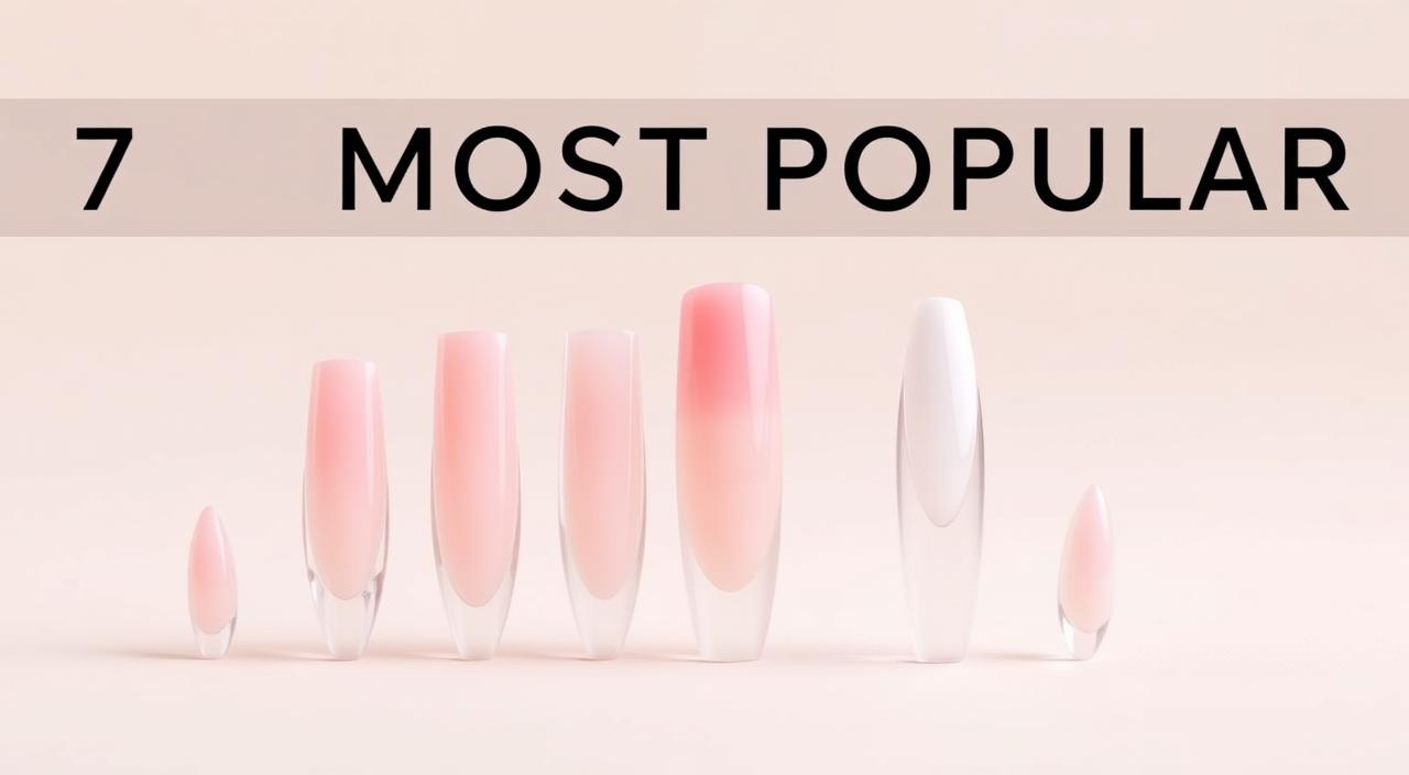 A detailed arrangement of the 7 most popular nail shapes, meticulously rendered against a soft, neutral background. The nails are showcased in a well-lit, high-resolution studio setting, captured from a slightly elevated angle to provide an optimal, unobstructed view. The shapes include the classic round, the elegant oval, the bold square, the flattering almond, the pointed stiletto, the trendy coffin, and the bold, geometric ballerina. The nails are presented in a clean, minimalist layout, allowing the unique silhouettes and subtle variations to take center stage, inviting the viewer to closely examine and compare the distinct characteristics of each popular nail shape.