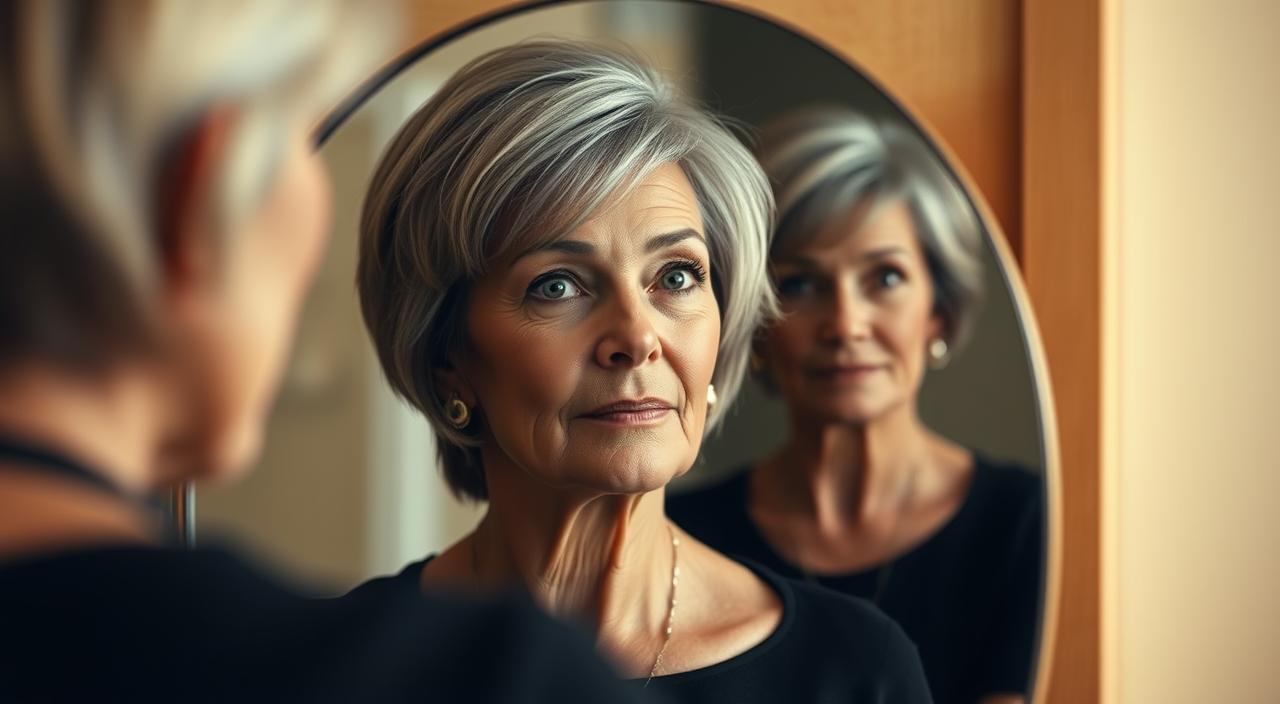 A well-lit, natural portrait of a stylish mature woman in her 60s admiring her reflection in a mirror with a thoughtful, confident expression. The foreground features her face in focus, framed by a fashionable, age-appropriate haircut that flatters her features and gives her a polished, youthful appearance. The middle ground includes the mirror's surface, capturing the woman's upper body and the details of her hair. The background is a warm, neutral setting that creates a calming, intimate atmosphere, emphasizing the woman's self-assurance and the importance of finding the right haircut to enhance her ageless beauty.