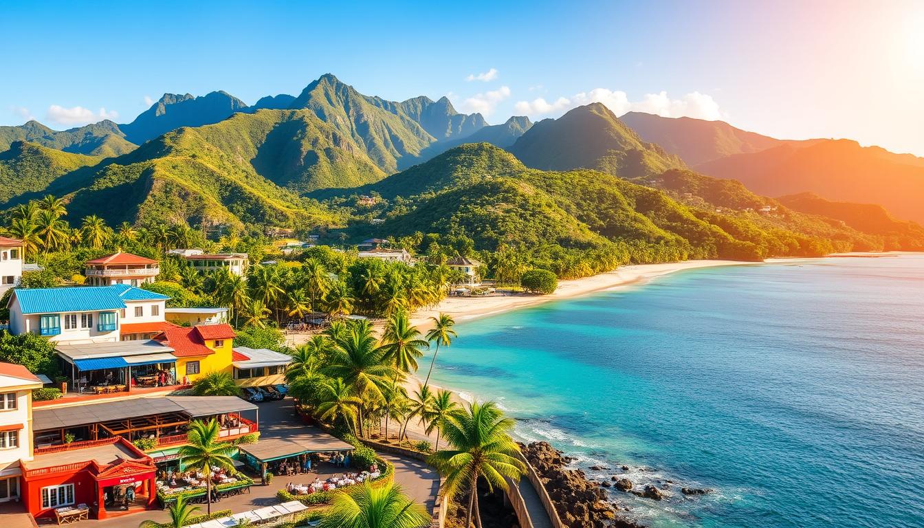 A lush, sun-drenched landscape showcasing budget-friendly Brazilian travel destinations. In the foreground, a picturesque coastal town with colorful buildings, quaint seafood restaurants, and a bustling local market. In the middle ground, serene tropical beaches with swaying palm trees and crystalline waters. The background is dominated by rugged, verdant mountains, hinting at the diverse natural wonders waiting to be explored. The scene is bathed in warm, golden light, creating a inviting, relaxed atmosphere that captures the essence of affordable, year-round travel in Brazil.