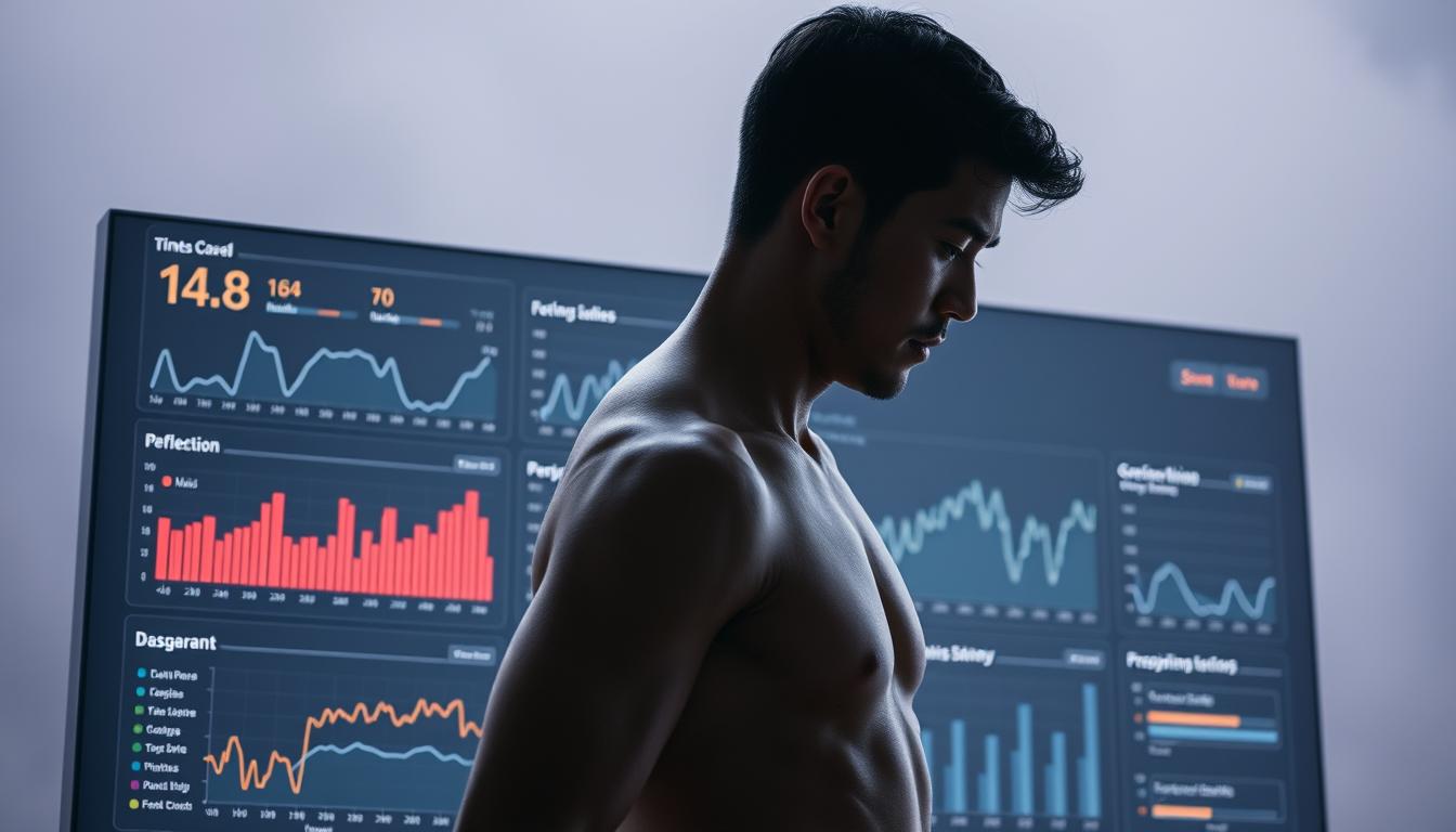 شخص يقف على لوحة تحكم رقمية، يتأمل باهتمام الرسوم البيانية والمخططات التي توضح تقدم لياقته البدنية. واجهة لوحة التحكم أنيقة وبسيطة، بخطوطها الواضحة وألوانها المحايدة. تعبيرات وجهه تعكس التركيز والعزيمة، وهو يتتبع المقاييس التي تعكس تحوله الجسدي. إضاءة ناعمة ومنتشرة تُنير المشهد، مما يخلق شعورًا بالهدوء والتأمل. الخلفية ضبابية وغير واضحة، مما يجعل لوحة التحكم ونظرة الشخص المتأملة محور الاهتمام. تُجسد هذه الصورة فكرة استخدام البيانات والتكنولوجيا لرصد رحلة اللياقة البدنية وتحفيزها.