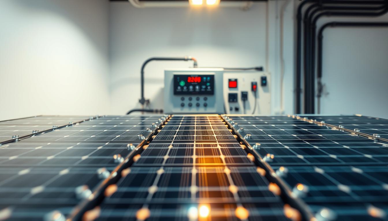 A closeup of a solar battery system, showcasing the intricate components and advanced technology. The battery cells are positioned prominently in the foreground, their metallic surfaces reflecting the warm light from an overhead spotlight. The middle ground features the battery management system, with its sleek digital display and intuitive control panels. In the background, a clean, minimalist setting with white walls and subtle shadows emphasizes the sophisticated, high-tech nature of the system. The overall lighting creates a sense of clarity and precision, highlighting the innovative engineering and design of this renewable energy solution.