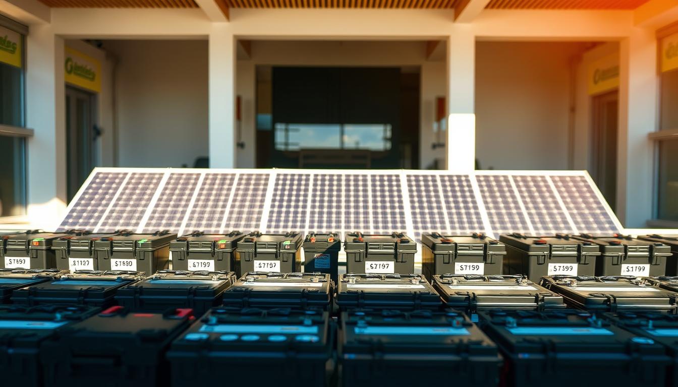 A detailed, technical cost analysis of solar power batteries, illuminated by warm, natural lighting. In the foreground, a grid of various battery types and sizes, their prices and specifications displayed next to each one. In the middle ground, an array of solar panels, casting shadows across the batteries. The background features a clean, modern architectural setting, emphasizing the practical integration of renewable energy systems. The overall scene conveys a sense of precision, innovation, and the economic viability of solar battery solutions.