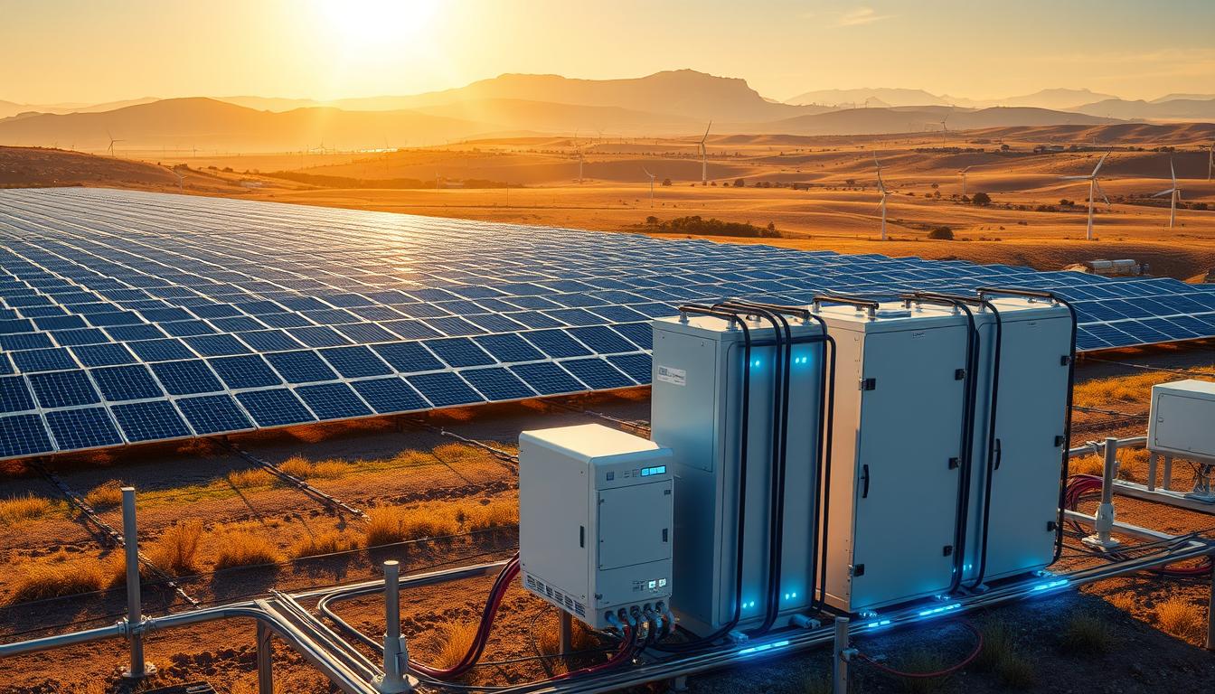 A vast solar array stretches across a sweeping landscape, its panels basking in the warm, golden glow of the sun. In the foreground, a network of sleek, futuristic energy storage systems stands ready to harness and distribute the captured solar power. Towering batteries, connected by a web of cables and conduits, pulse with an ethereal blue light, indicating their readiness to store and release energy as needed. The background features rolling hills, dotted with wind turbines and other renewable energy sources, all seamlessly integrated into a sustainable, eco-friendly ecosystem. The scene conveys a sense of harmony and technological innovation, perfectly encapsulating the concept of "Integrating Solar Battery Systems with Other Renewable Energy Sources."
