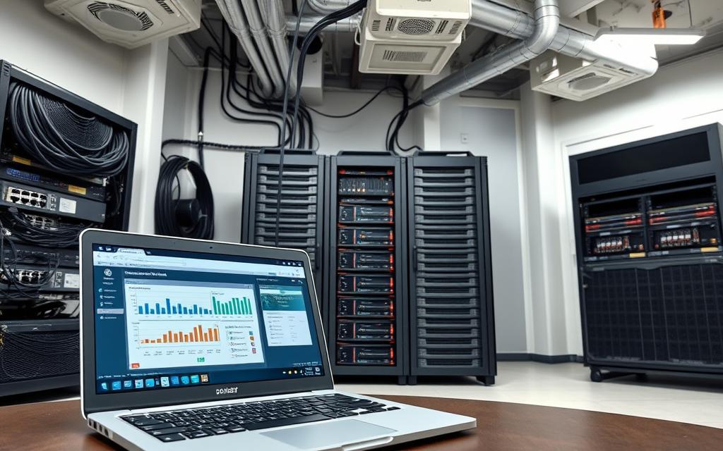 A professional server room with a mix of budget and mid-range server hardware, showing cables, network switches, and cooling equipment. The room is well-lit, with a clean and organized layout. In the foreground, a laptop is open, displaying performance optimization software and metrics. The middle ground features a server rack with a mix of economical and moderately priced server models, their status LEDs indicating optimal performance. The background showcases the server room's infrastructure, including ventilation systems and power distribution units, conveying a sense of reliability and efficiency.