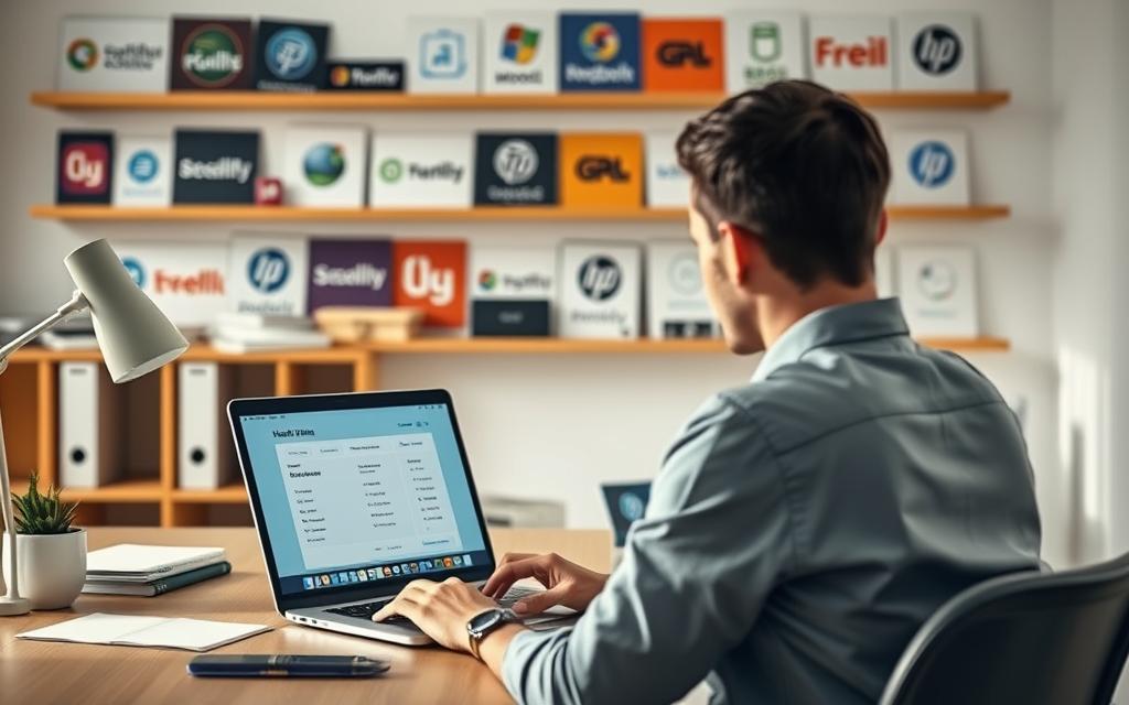 A well-lit office setting with a wooden desk, a laptop, and various office supplies. In the foreground, a person sitting at the desk, carefully examining different hosting plan options displayed on the laptop screen. The background features a wall with shelves showcasing a variety of web hosting logos and branding. Soft, natural lighting illuminates the scene, creating a calm and professional atmosphere. The overall composition conveys the thoughtful process of selecting the right hosting plan for a small business.
