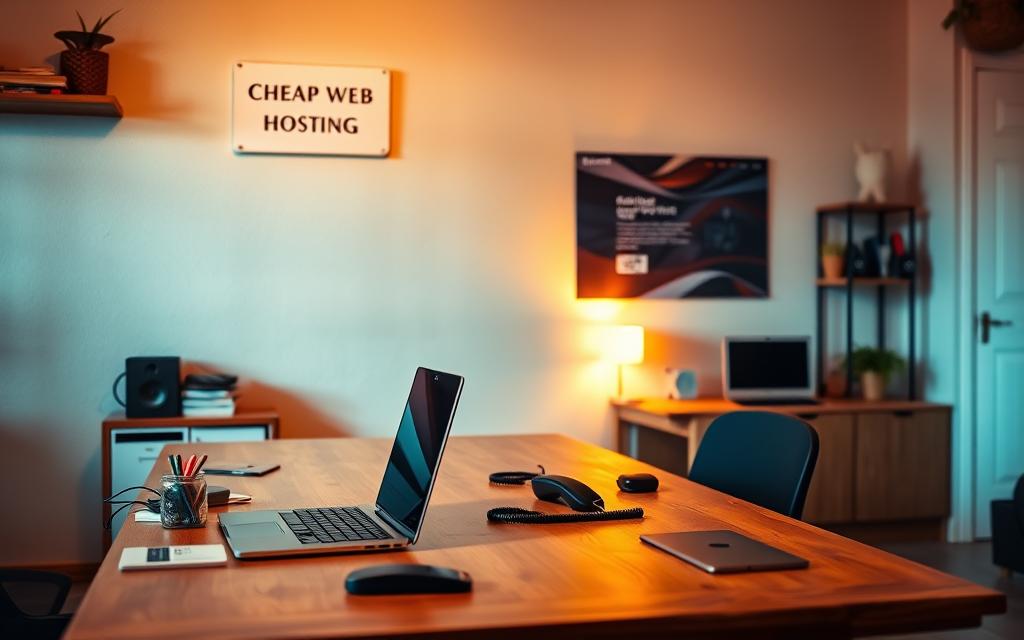 A cozy, well-lit home office with a laptop, phone, and desk accessories on a sturdy wooden table. A small sign on the wall reads &quot;Cheap Web Hosting&quot; in a minimalist font. Warm lighting casts a soft glow, creating an inviting atmosphere. In the background, a wall showcases a simple, clean website design, hinting at the capabilities of affordable web hosting for a small business. The overall scene conveys a sense of productivity, efficiency, and cost-effectiveness.