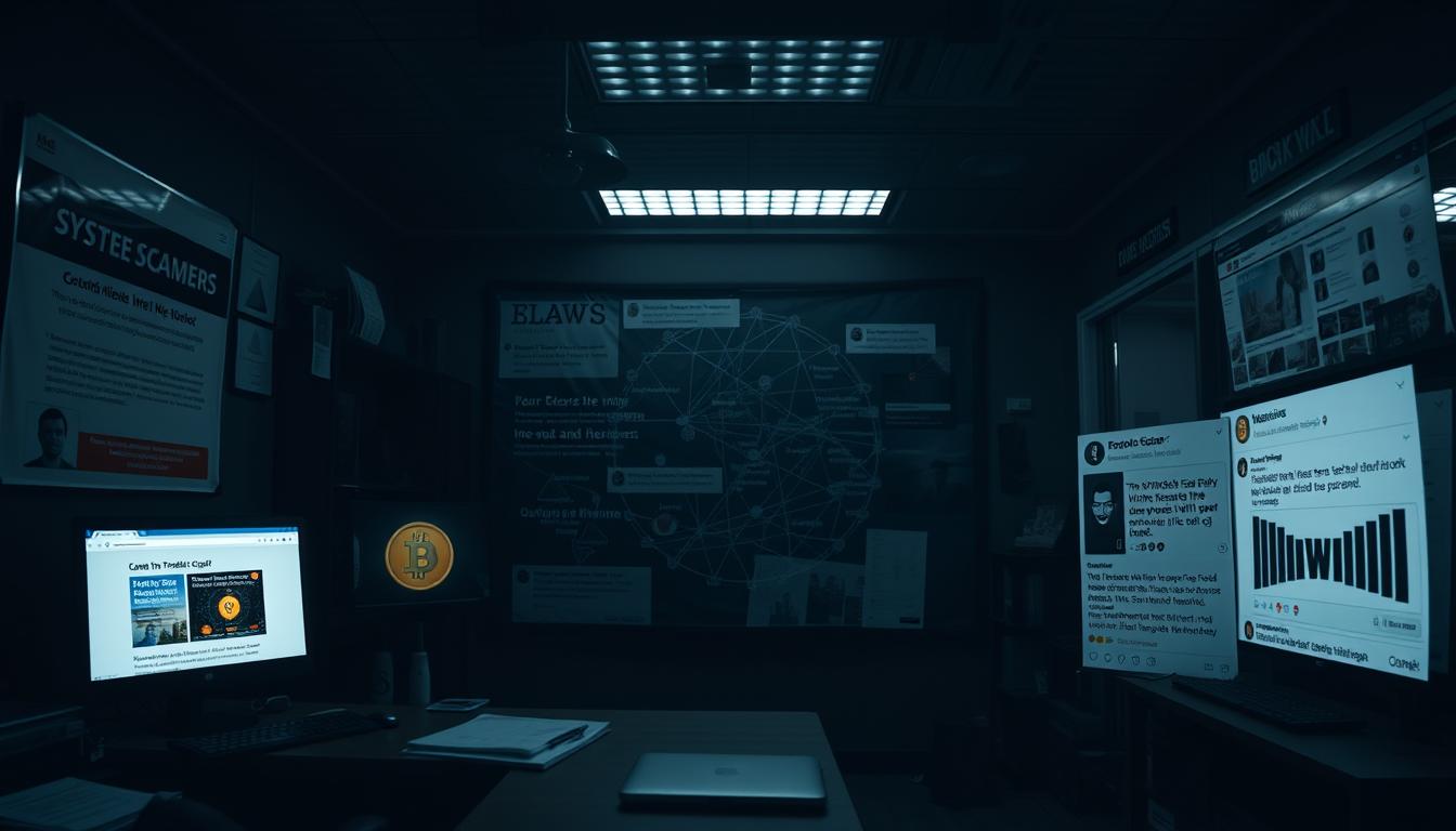 A dimly lit office space, the atmosphere heavy with a sense of unease. In the foreground, various warning signs of a crypto scam come into focus - a suspicious website with unrealistic promises, a flashy crypto token with no real value, and a fraudulent social media profile promising outsized returns. The middle ground showcases a tangled web of shady transactions and anonymous identities, while the background hints at the larger scale of the operation, with news headlines and financial data suggesting a global reach. The lighting is harsh and ominous, casting deep shadows and creating a sense of impending doom. The overall composition conveys a sense of caution and vigilance, urging the viewer to be wary of the deceptive tactics employed by crypto scammers.