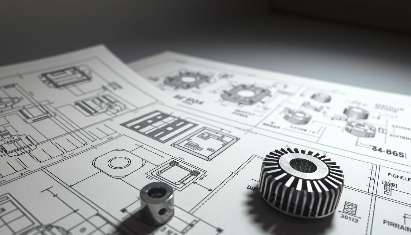 A detailed close-up view of engraved technical schematics and engineering diagrams, meticulously rendered in a technical drawing style. The foreground showcases intricate linework, precise dimensions, and cross-sectional views of various mechanical components. The middle ground features isometric projections and exploded diagrams, highlighting the inner workings and assembly process. The background is a clean, minimalist space with a muted, technical color palette, emphasizing the technical nature of the subject matter. The lighting is crisp and evenly distributed, casting subtle shadows that accentuate the depth and dimensionality of the elements. The overall mood is one of precision, functionality, and engineering excellence.