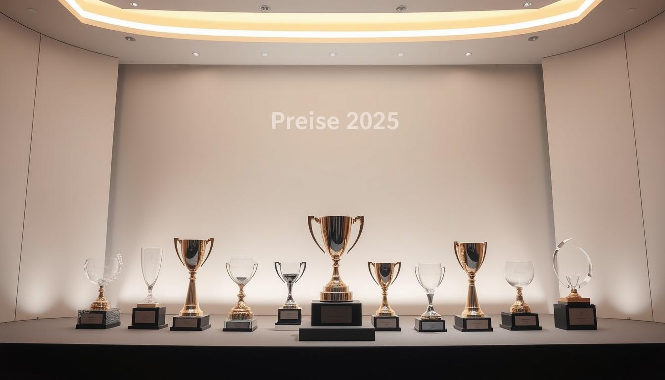 A grand, modern award ceremony stage set against a sleek, minimalist backdrop. Elegant glass and metal trophy displays showcase a range of premium-quality awards, their surfaces gleaming under warm, subtle lighting. Subtle hints of gold and silver accents lend an air of sophistication, while a clean, uncluttered design emphasizes the focus on the trophies themselves. The atmosphere exudes a sense of prestige and fair, equitable recognition, perfectly suited to represent the &amp;amp;amp;quot;Preise 2025&amp;amp;amp;quot; section of the article.