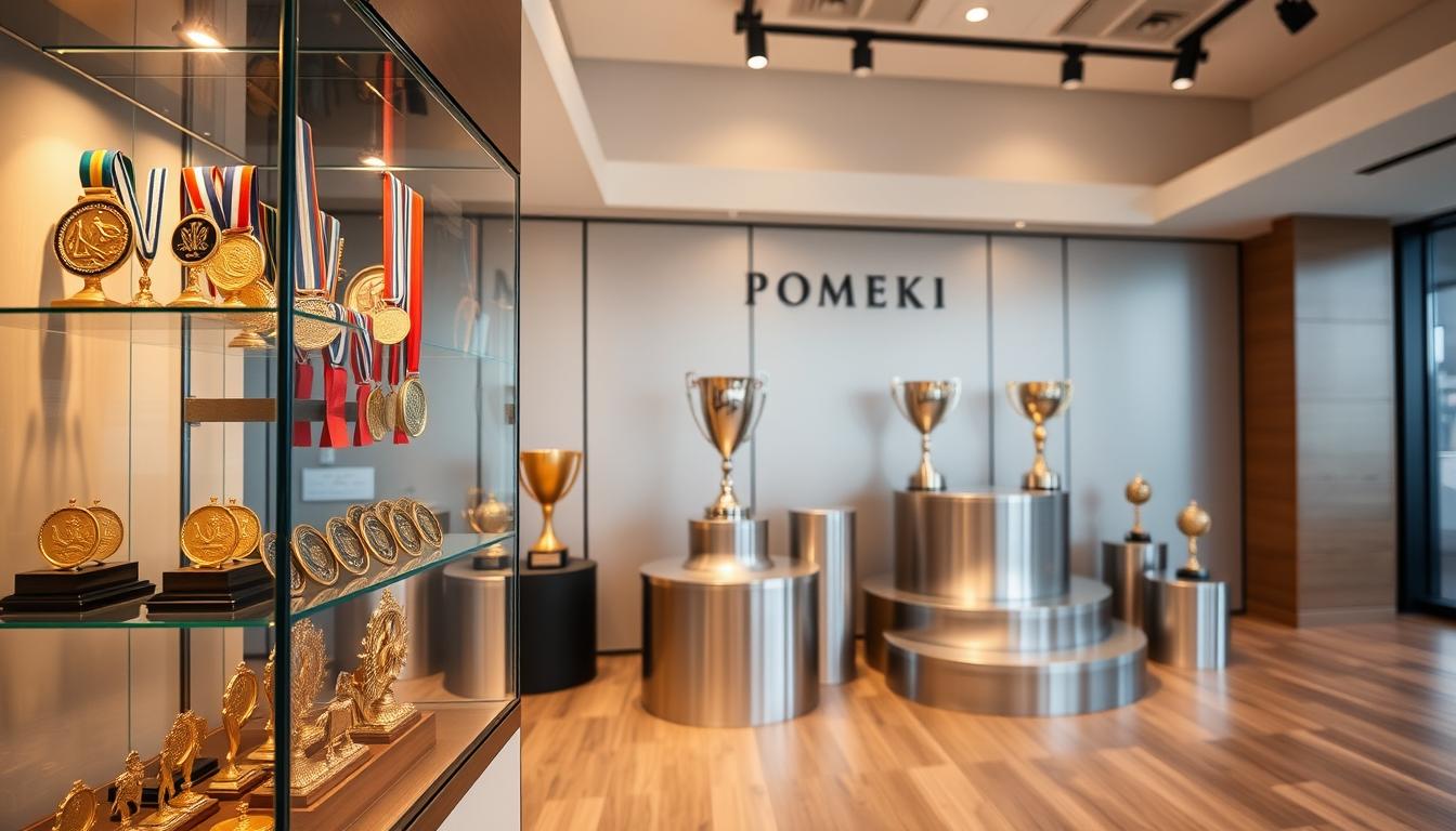 A professional showroom display of premium POMEKI awards and accolades. In the foreground, an elegant glass trophy case showcases an assortment of intricately designed gold, silver, and bronze medals and trophies, illuminated by warm, soft lighting. The middle ground features polished metal podiums in various shapes and sizes, ready to display the finest achievements. The background depicts a stylish, minimalist interior with neutral tones and clean lines, emphasizing the craftsmanship and prestige of the POMEKI brand. The overall atmosphere exudes a sense of sophistication, exclusivity, and the celebration of excellence.