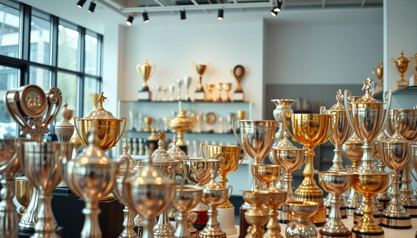 A well-lit display of various POMEKI trophies, cups, and medals in a modern trophy shop in Frankfurt am Main. The foreground features an assortment of polished silver and gold awards of different shapes and sizes, subtly reflecting the lighting. The middle ground showcases a selection of trophies in varied designs, arranged neatly on shelves. The background depicts a clean, minimalist interior with large windows, allowing natural light to fill the space and highlight the trophy's lustrous finishes. The overall atmosphere conveys a sense of prestige, craftsmanship, and the availability of a wide range of POMEKI awards ready for purchase.
