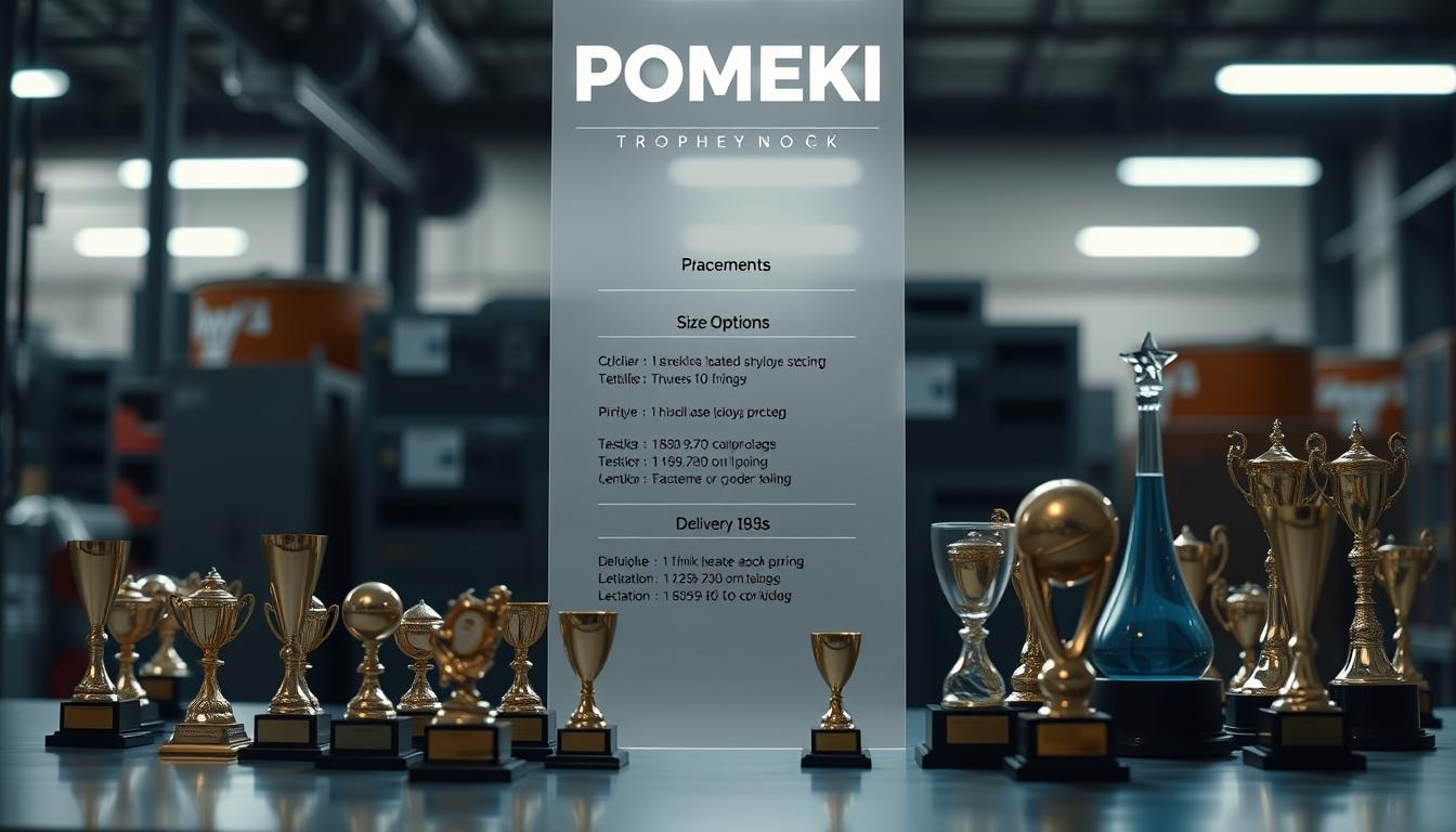 A sleek, modern-looking image showcasing the product offerings of POMEKI. In the foreground, an assortment of trophies and awards in various sizes and designs, capturing the attention. The middle ground features a clean, minimalist display of pricing information, size options, and delivery details, all neatly organized. The background contains a subtle, softly lit industrial-style setting, conveying a sense of quality and reliability. The overall composition strikes a balance between the visual appeal of the products and the practical information, creating an inviting and informative display.
