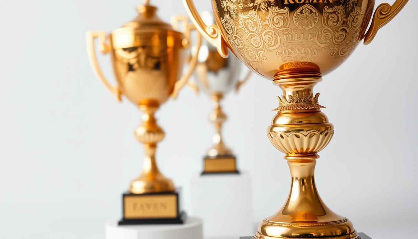 A pristine trophy stand showcasing a trio of gleaming awards, their surfaces meticulously engraved with intricate patterns and personalized text. The foreground features a close-up view of the central trophy, its golden hue accentuated by soft, warm lighting that casts gentle shadows, highlighting the precise, delicate engravings. In the middle ground, two additional trophies flank the central piece, their unique designs and customized inscriptions visible. The background maintains a clean, minimalist aesthetic, allowing the trophies to take center stage and showcase the exceptional craftsmanship and attention to detail of the customization process.