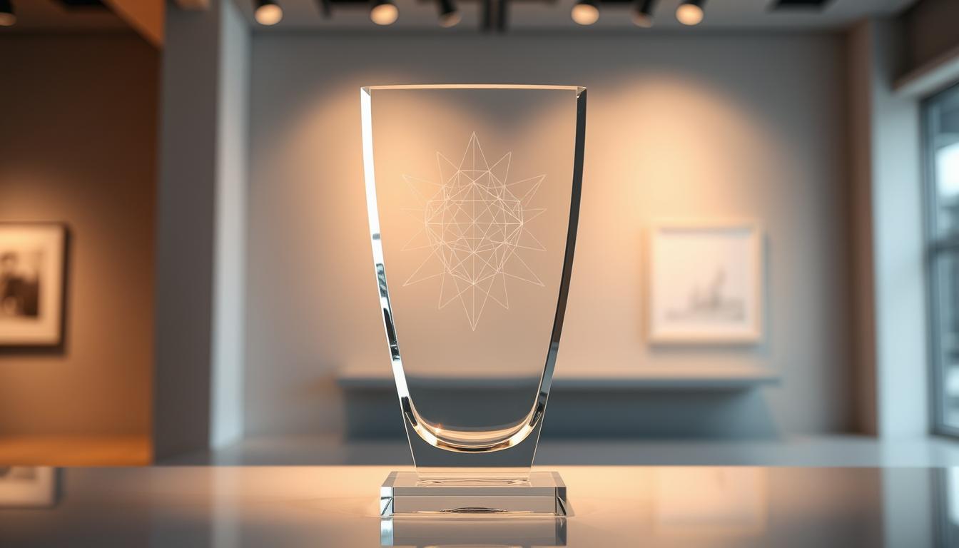 A sleek and modern glass trophy reflecting a soft, warm lighting. In the foreground, a precise laser-etched design adorns the crystal-clear surface, creating a mesmerizing pattern of geometric shapes and lines. The trophy stands elegantly on a minimalist display, its minimalist form accentuated by the gentle shadows and highlights. The middle ground features a subtle backdrop of muted tones, allowing the trophy to be the focal point. In the background, a blurred, ethereal setting suggests an upscale, gallery-like environment, highlighting the trophy's refined and prestigious appearance. The overall composition conveys a sense of elegance, craftsmanship, and technological innovation.