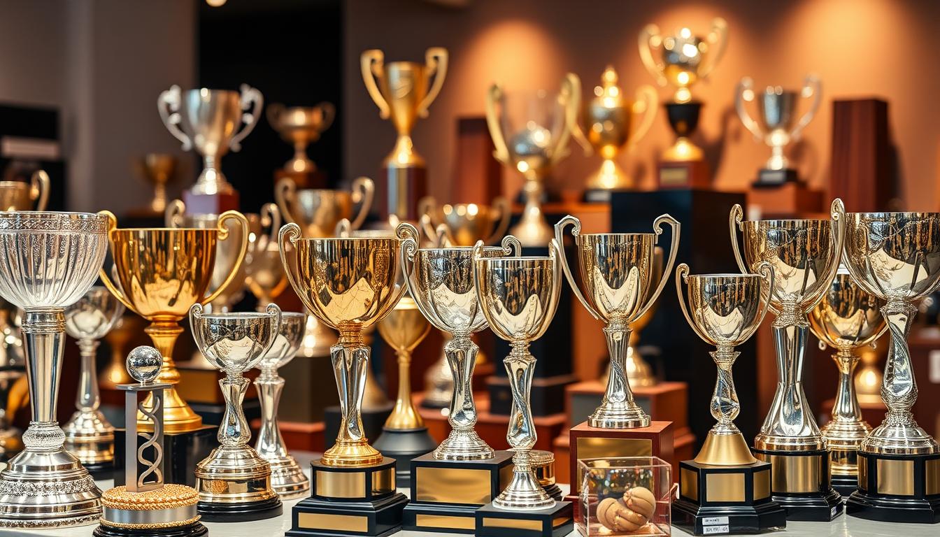 A display of diverse trophy materials showcasing the rich visual tapestry of Materialvielfalt Trophäen Hamburg. In the foreground, an array of gleaming trophies in metal, crystal, and wood crafted with meticulous attention to detail. The middle ground features an elegant arrangement of trophy bases and pedestals in a range of finishes, textures, and hues. The background is softly blurred, emphasizing the trophies as the focal point, illuminated by warm, directional lighting that casts subtle shadows, enhancing the three-dimensional forms. The overall scene conveys a sense of quality, craftsmanship, and the breadth of options available to trophy buyers in Hamburg.