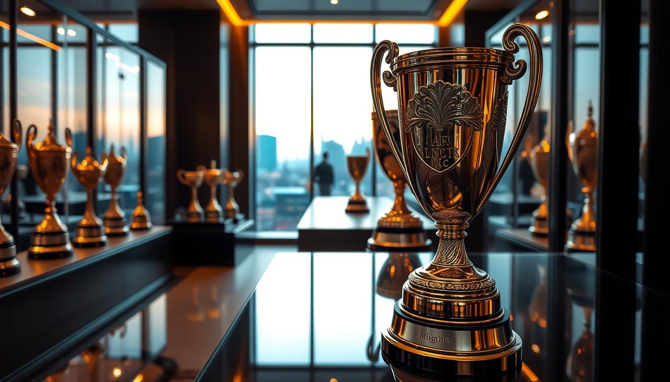 A sleek and modern trophy shop in the heart of Hamburg, showcasing an array of high-quality awards and trophies. Warm lighting illuminates the elegant display cases, highlighting the intricate engraved designs on the polished metal surfaces. In the foreground, a close-up view of a trophy with a personalized engraving, reflecting the exceptional craftsmanship and attention to detail. The middle ground features additional trophies and awards, each with its own unique character, while the background depicts the serene cityscape of Hamburg, framed by large windows that allow natural light to flood the space. The overall atmosphere conveys a sense of exclusivity, precision, and the pride of achieving excellence.