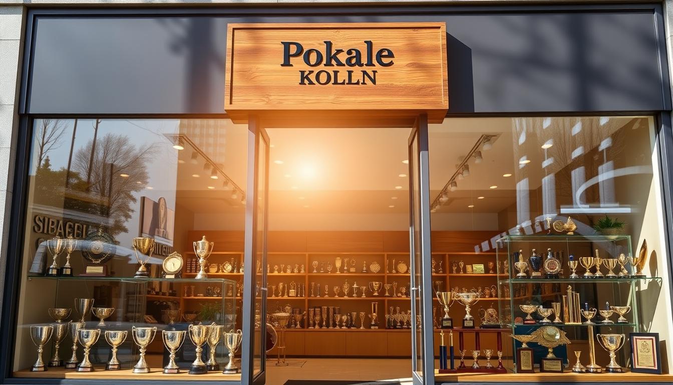 A modern storefront facade with large glass windows displaying an elegant display of awards, trophies, and other achievements. The entrance is adorned with a classic wooden sign showcasing the business name &amp;amp;quot;Pokale Köln&amp;amp;quot; in a bold, timeless font. Sunlight filters in, casting a warm, inviting glow on the interior, where neatly arranged shelves and display cases exhibit an array of meticulously crafted trophies, medals, and other commemorative items. The overall atmosphere conveys a sense of professionalism, attention to detail, and a commitment to celebrating excellence.