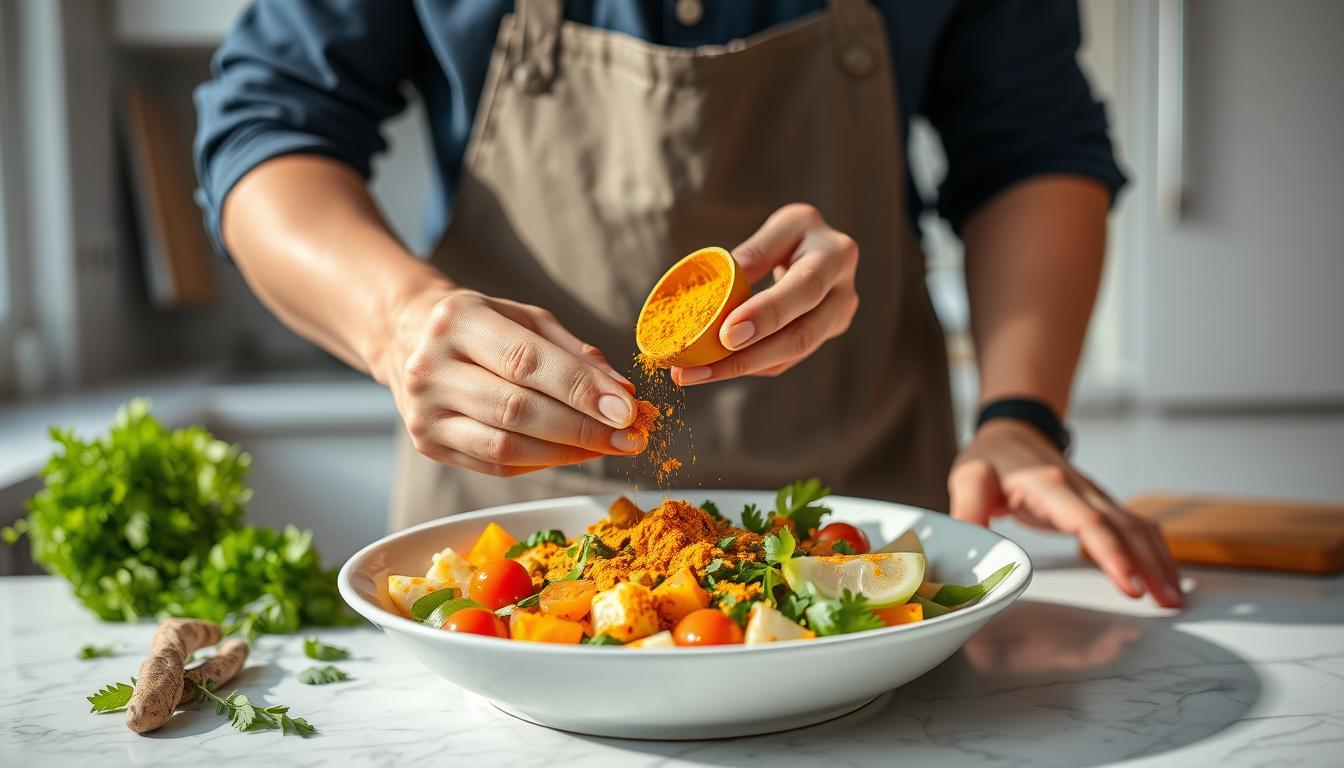 Person preparing healthy meal with turmeric as part of weight management plan