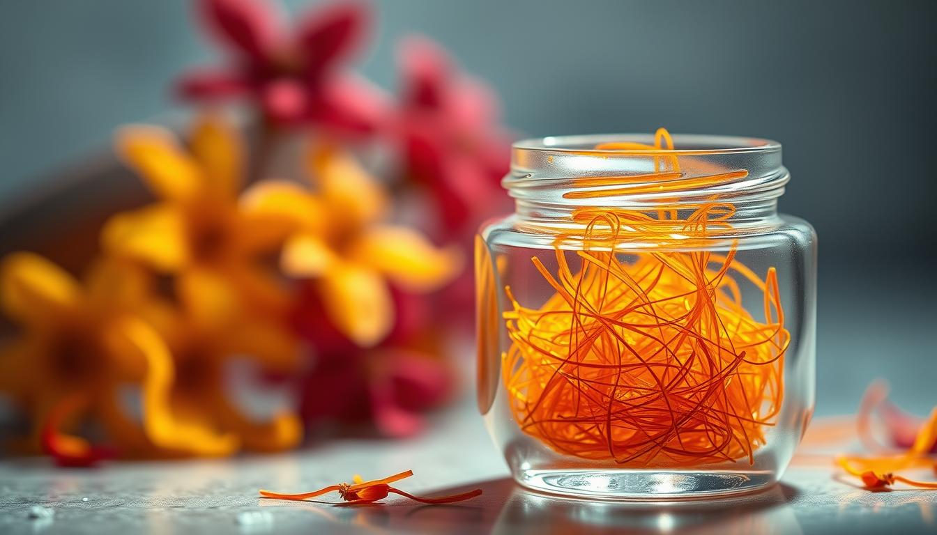 A serene close-up shot of a soft glass jar filled with vibrant golden-orange saffron threads, their delicate strands glistening under warm, diffused lighting. The jar's surface reflects the hues, creating a sense of depth and transparency. In the background, a blurred arrangement of fresh saffron flowers, their petals tinged with crimson, suggest the origins of this precious spice. The overall composition conveys the luxurious and rejuvenating properties of saffron serum, ideal for a high-quality skincare product.