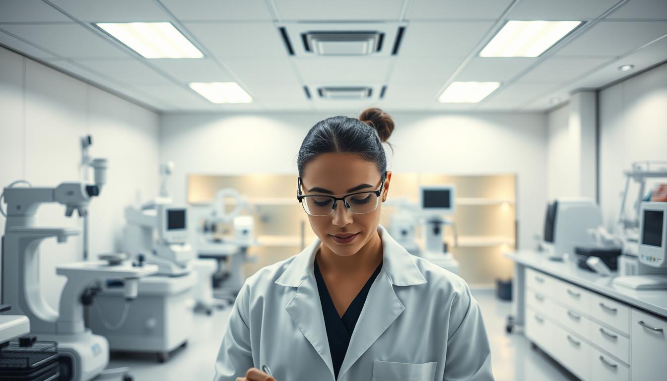 A modern, well-equipped medical laboratory, bathed in warm, diffused lighting. In the foreground, a laboratory technician in a crisp white coat, meticulously analyzing samples with precision instruments. The middle ground showcases various state-of-the-art diagnostic equipment, arranged neatly. In the background, a minimalist, sleek interior design with clean lines and neutral tones, conveying a sense of professionalism and excellence. The overall atmosphere is one of scientific rigor, technological advancement, and a commitment to delivering high-quality healthcare services.