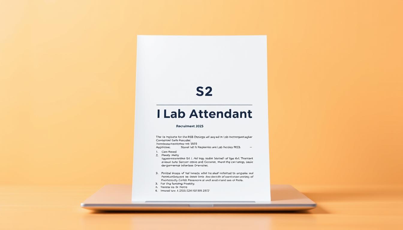 A vibrant recruitment notice for the RSSB Lab Attendant position in 2025, set against a clean, professional backdrop. The foreground features a sleek, modern-looking document with sharp edges and a minimalist design, conveying a sense of efficiency and organization. The middle ground showcases the job title and application details in a clear, legible font, with a subtle gradient or pattern adding visual interest. The background is a warm, neutral tone, lending a sense of authority and reliability to the scene. Lighting is soft and diffused, creating a welcoming and approachable atmosphere. The overall composition strikes a balance between informative and visually appealing, making it an effective recruitment tool.