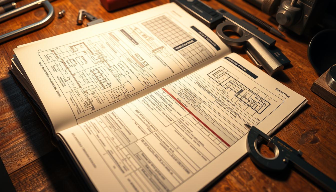 A precision machining specifications guide, meticulously crafted on high-quality paper, lies open on a sturdy wooden workbench. The pages are filled with intricate technical diagrams, engineering schematics, and detailed measurements, illuminated by a warm, directional light that casts subtle shadows, evoking a sense of technical expertise and attention to detail. The guide is positioned alongside precision tools, such as calipers and micrometers, creating a cohesive, professional atmosphere that reflects the importance of exacting specifications in the world of CNC milling and precision machining.