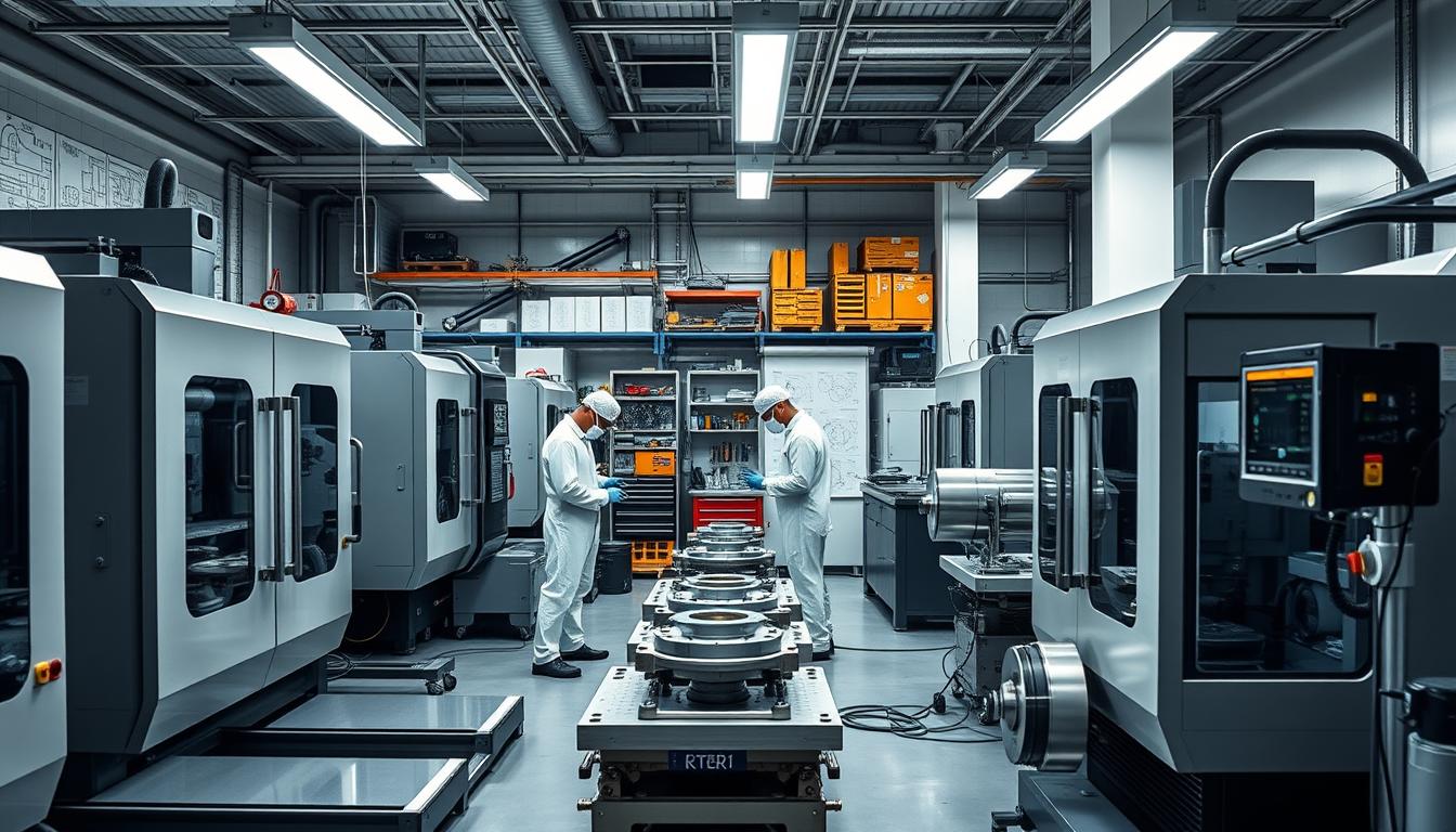 A sleek, high-tech industrial workshop with precision CNC milling machines in the foreground, their metallic bodies gleaming under bright, directional lighting. In the middle ground, technicians in clean-room attire carefully inspect and measure machined parts, ensuring tight tolerances. The background showcases an array of engineering blueprints, tool racks, and calibration equipment, conveying a sense of meticulous quality control. The overall atmosphere is one of technological prowess, attention to detail, and a commitment to manufacturing excellence.