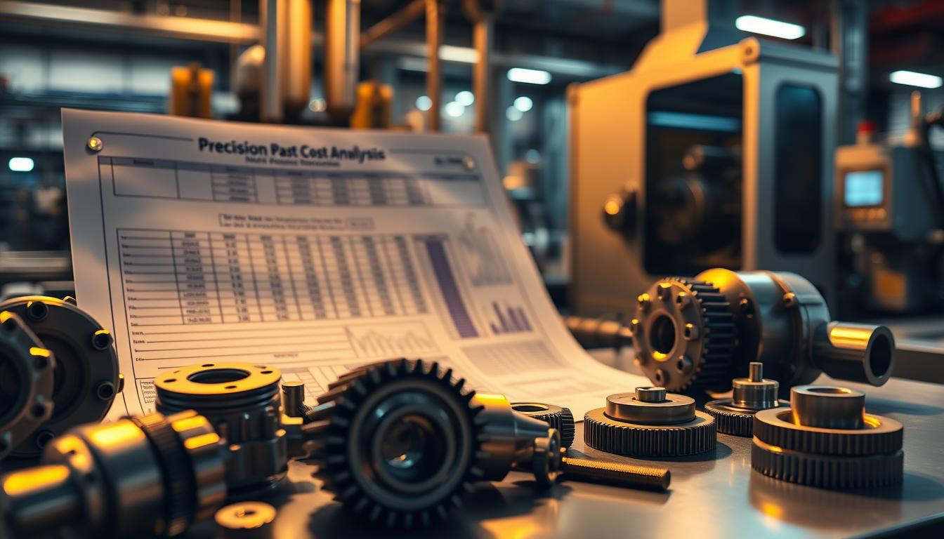 A detailed cost analysis spreadsheet against a backdrop of precision CNC-machined components, illuminated by warm studio lighting and captured with a shallow depth of field. The foreground showcases intricate mechanical parts, while the middle ground features a technical diagram or blueprint. The background displays an array of industrial manufacturing equipment, conveying the high-tech nature of the precision parts production process. The overall atmosphere is one of analytical rigor, technical expertise, and the relentless pursuit of cost optimization in the world of advanced manufacturing.