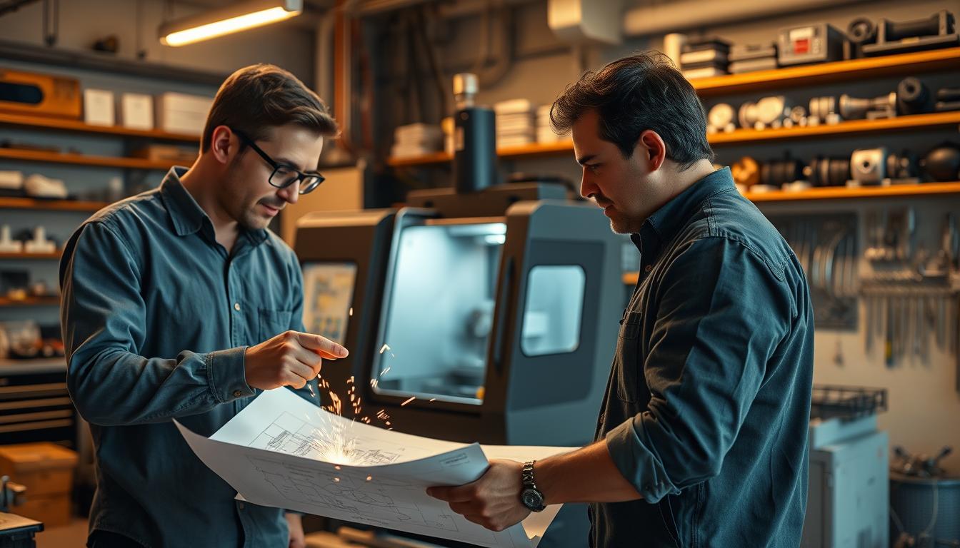A well-lit, detailed CNC milling workshop. In the foreground, two machinists collaborate on a precise engineering drawing, discussing the technical specifications. In the middle ground, a CNC milling machine precisely carves a metal component, sparks flying. In the background, shelves of finished parts and tools, conveying the breadth of the workshop's capabilities. The lighting is warm and industrial, casting strong shadows and highlighting the precision machinery. The composition emphasizes the collaborative, technical nature of the CNC milling process, from initial design to final product delivery.