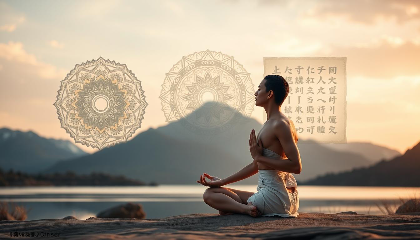 A serene, contemplative scene of ancient breathing techniques and their philosophical origins. In the foreground, a figure sits in a lotus position, eyes closed, hands in a mudra, engrossed in meditation. The middle ground features ornate mandalas and calligraphic scripts, hinting at the esoteric nature of the practice. In the background, a mountainous landscape with a tranquil lake reflects the sky, conveying a sense of timelessness and connection to nature. Soft, warm lighting bathes the scene, creating an atmospheric, almost ethereal quality. The overall composition evokes a timeless, introspective mood, capturing the historical and spiritual essence of the breathing method.