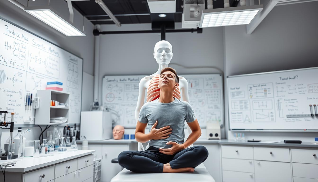 A well-lit, scientific laboratory setting with various medical and scientific equipment. In the foreground, a person sits on an exam table, eyes closed, hands on their abdomen, focusing on their breathing. The middle ground features a large, anatomical model of the respiratory system, along with beakers, test tubes, and other experimental apparatus. The background showcases a whiteboard filled with diagrams, equations, and notes related to the scientific method and respiratory physiology. The lighting is bright and clinical, with a sense of focus and concentration. The overall mood is one of scientific inquiry and the exploration of the human body's natural processes.