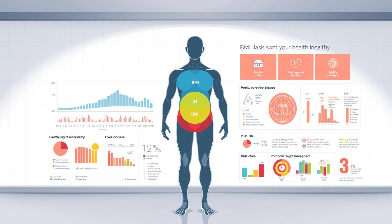 a detailed medical diagram showing the importance of monitoring and maintaining a healthy body mass index (BMI) as part of overall health management. The foreground features a central figure of a human body, with different colored zones highlighting healthy, overweight, and underweight BMI ranges. The middle ground includes infographics and data visualizations illustrating the correlation between BMI and various health outcomes, such as risk of cardiovascular disease, diabetes, and other conditions. The background is clean and minimalist, with subtle grid lines or a pale gradient to provide visual structure and focus attention on the key medical information. The lighting is soft and even, creating a clinical yet approachable atmosphere. The perspective is slightly elevated, giving a comprehensive view of the BMI health insights.